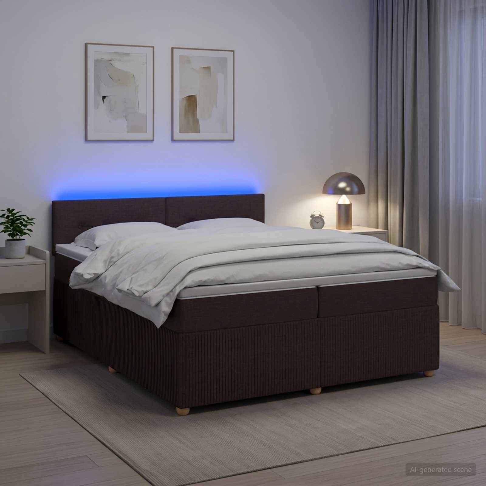 Modernes Schlafzimmer mit einem ungemachten dunkel gepolsterten Bett, blau beleuchteter Kopfende, Nachttischen, Lampe, gerahmtem Wandbild und bodenlangen Gardinen.