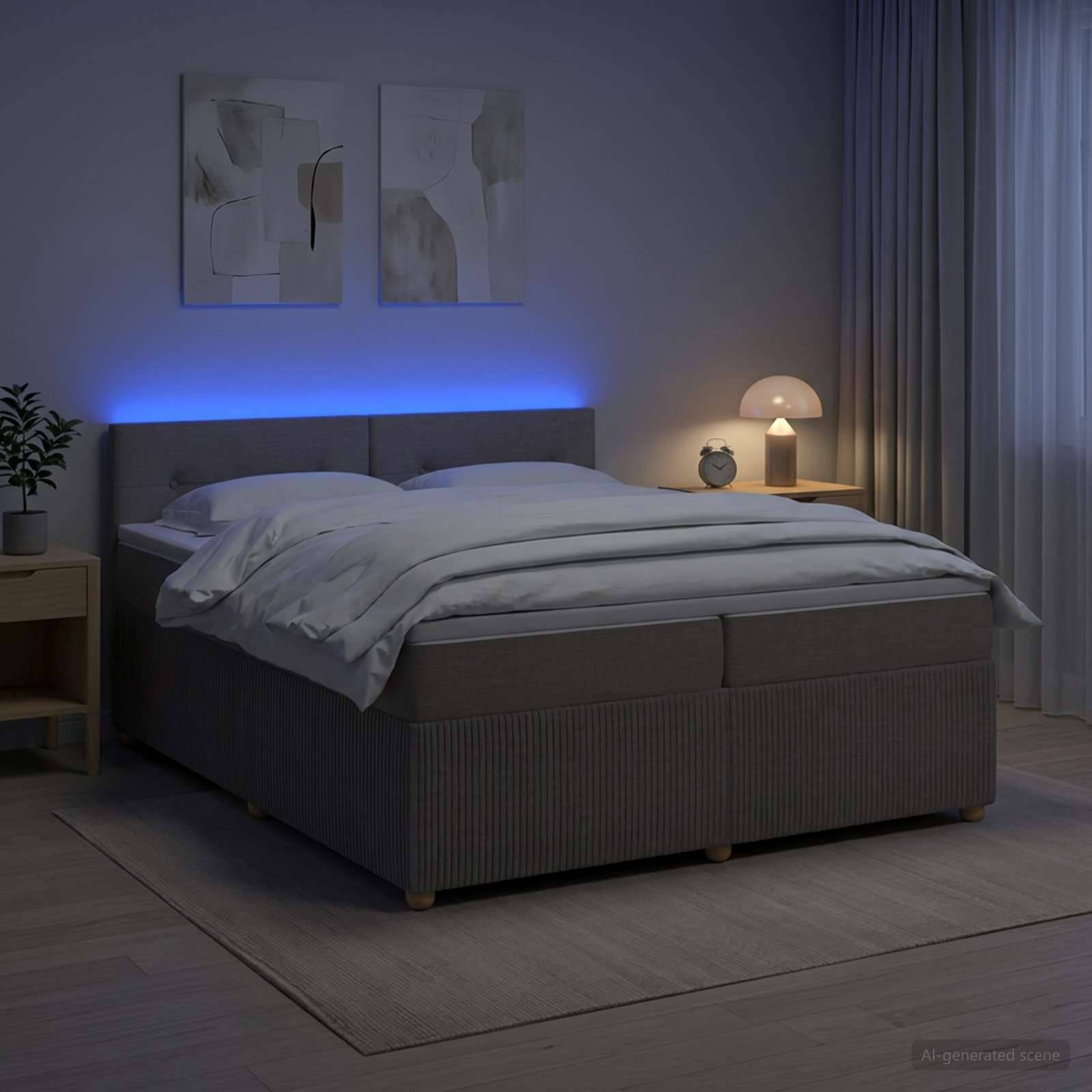 Modernes Schlafzimmer mit ordentlich gemachtem Bett, blauer LED-Kopfleuchte, Nachttischlampe und Fenster mit Vorhängen.