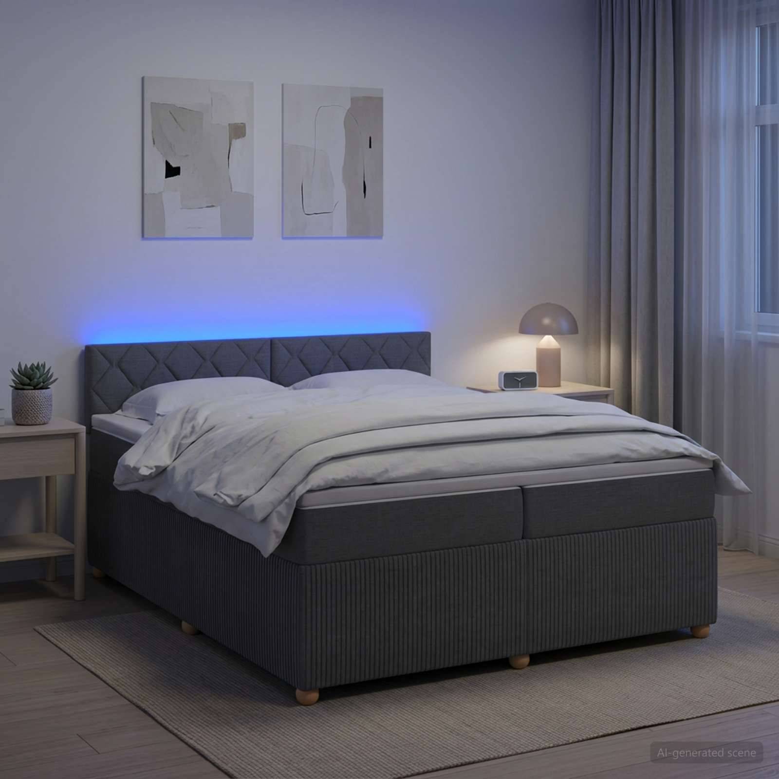 Modernes Schlafzimmer mit grauem gepolstertem Bett, weißer Bettwäsche, blauer LED-Kopfleucht, Nachttischen, Lampe und Wandkunst.