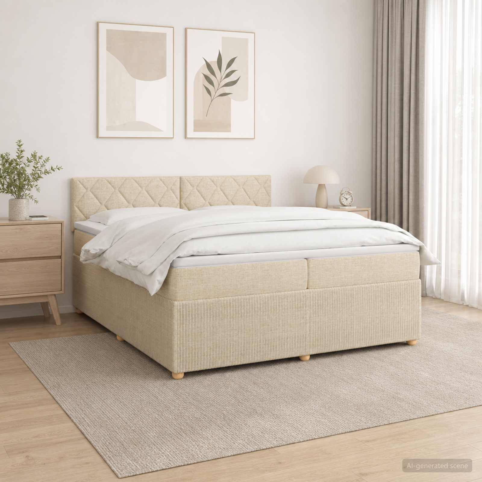Ein beiges gepolstertes Bett mit weißer Bettwäsche in einem minimalistischen Schlafzimmer, neben einem hölzernen Nachttisch und gerahmter Wandkunst.