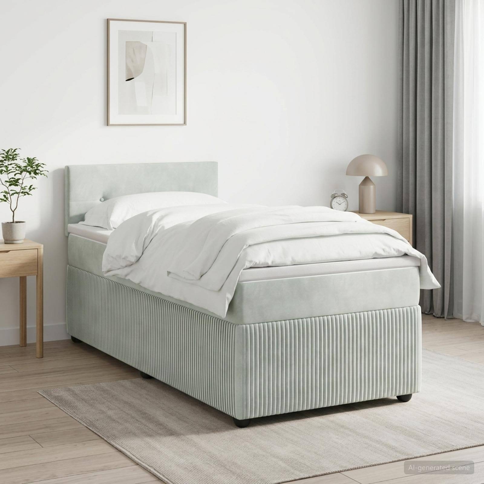 Modernes Bett mit mintfarbener Polsterung und weißer Bettwäsche in einem hellen minimalistischen Schlafzimmer, flankiert von kleinen hölzernen Nachttischen und gerahmten Wandkunstwerken.