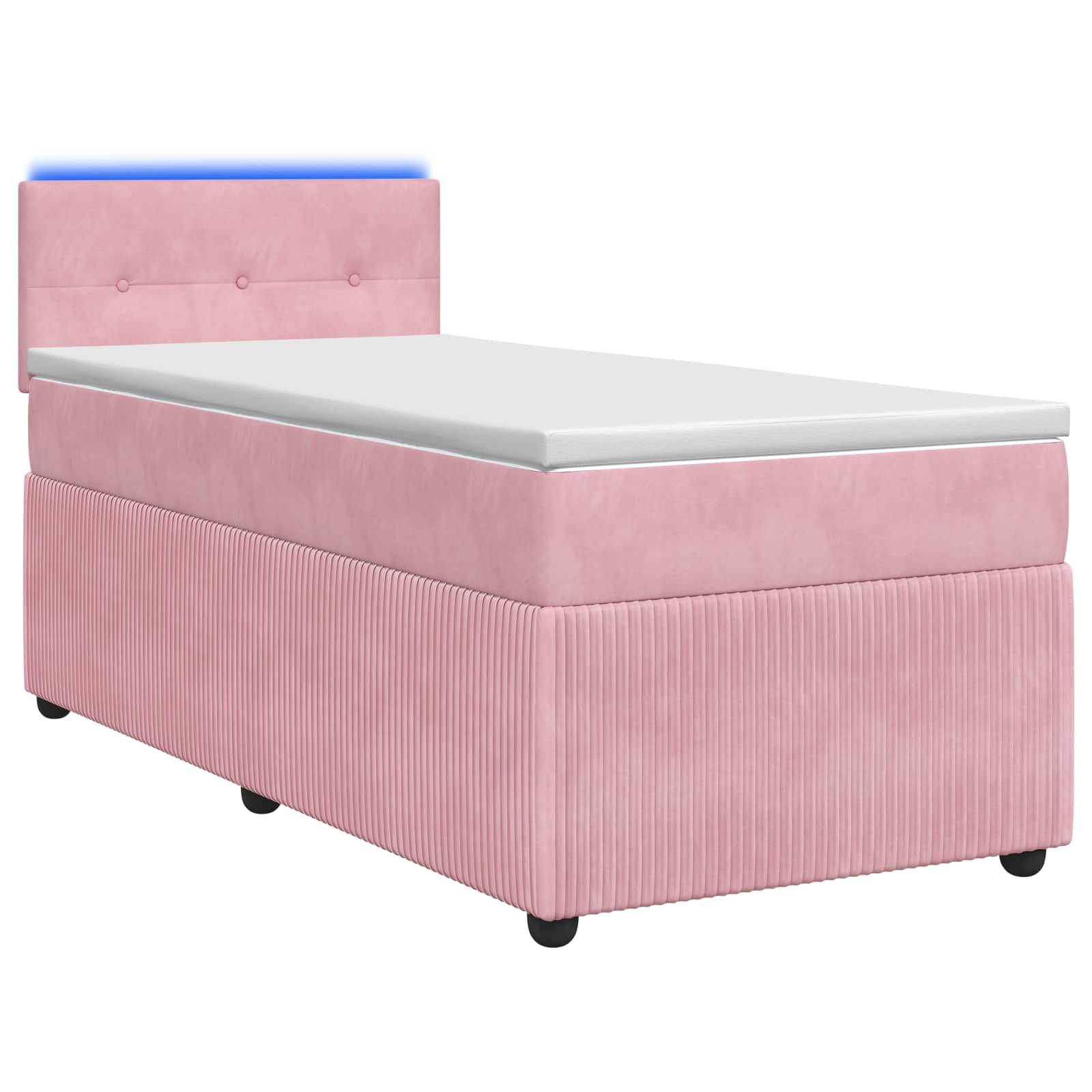 Rosa gepolstertes Einzelbett mit Kopfteil, weiße Matratze und schwarze Beine auf weißem Hintergrund.