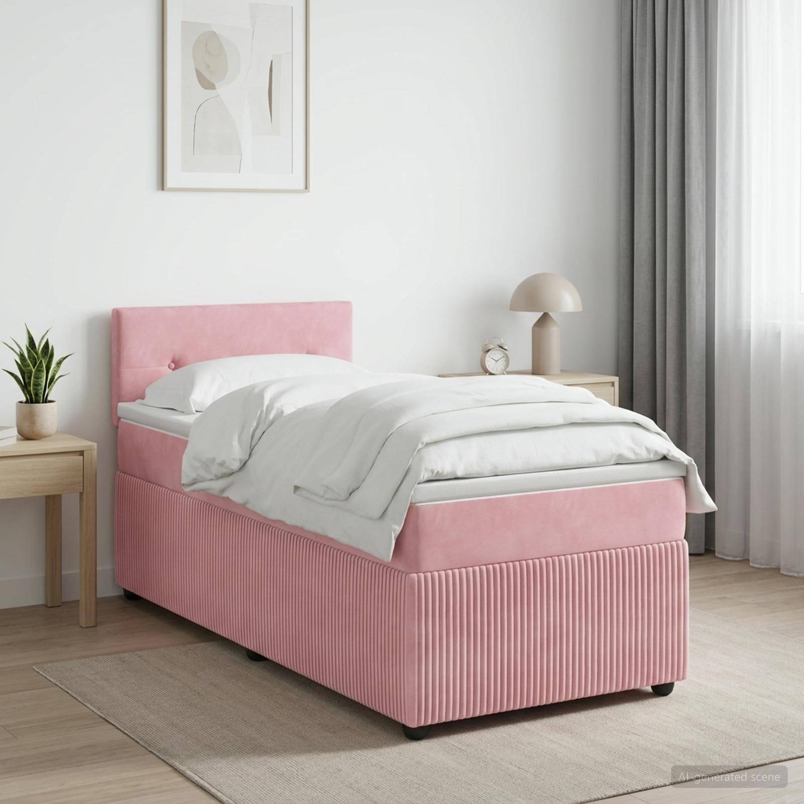 Rosabett mit weißer Bettwäsche in einem minimalistischen Schlafzimmer, flankiert von kleinen Nachttischen und weicher neutraler Dekoration.