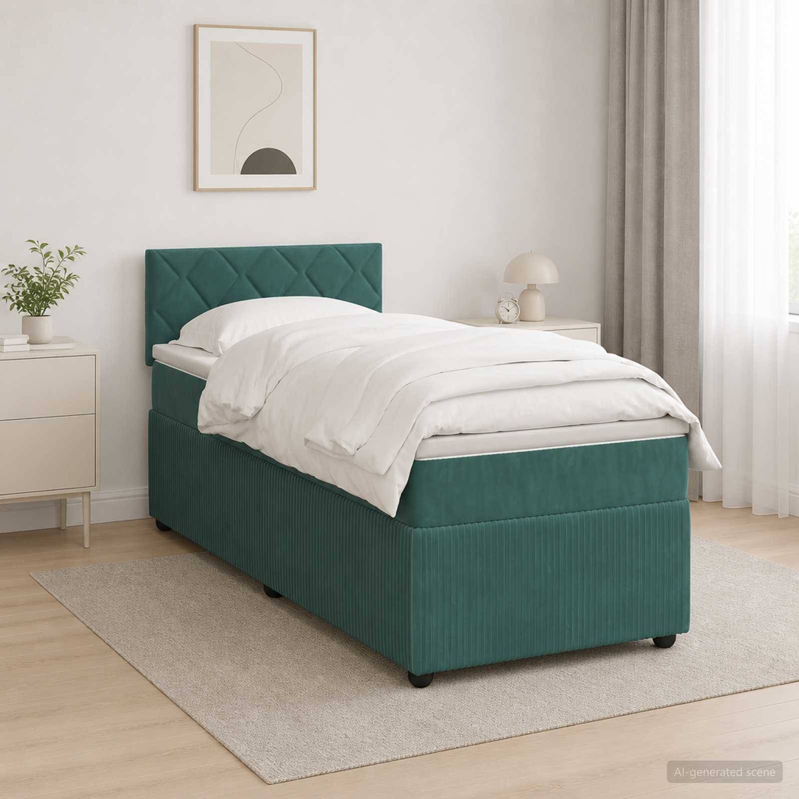 Grünes gepolstertes Einzelbett mit weißer Bettwäsche in einem hellen minimalistischen Schlafzimmer, neben einem Nachttisch, einer Lampe und einer Pflanze auf einem Teppich.