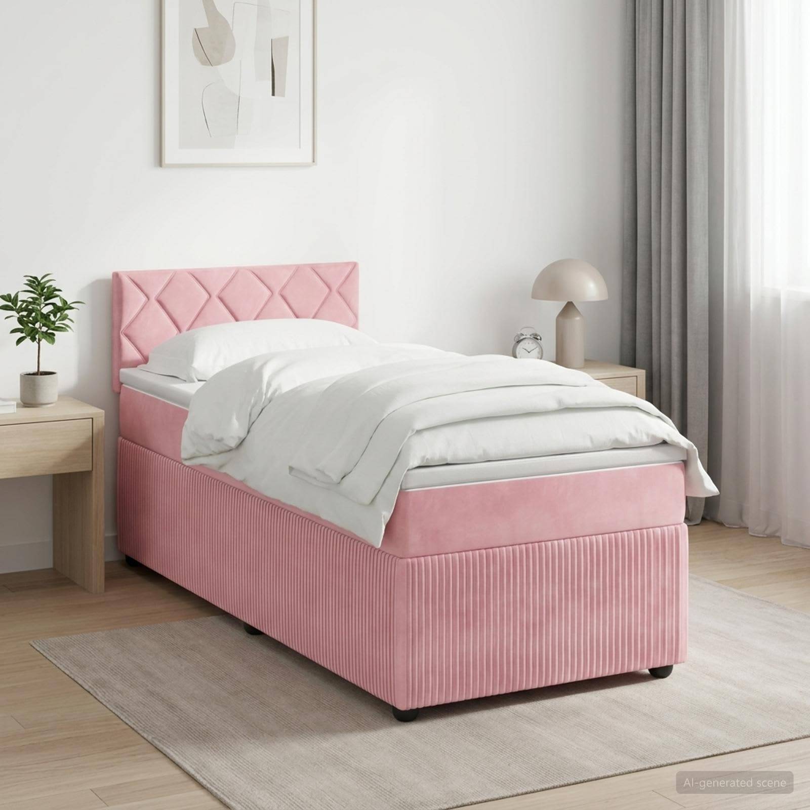 Rosa gepolstertes Einzelbett mit weißer Bettwäsche in einem hellen, minimalistischen Schlafzimmer