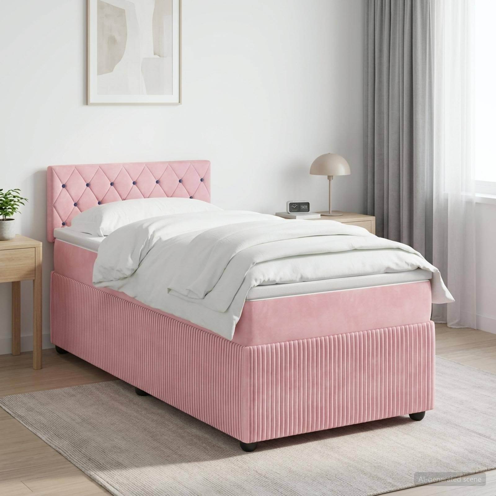 Pinkgepolstertes Einzelbett mit gestepptem Kopfteil, weiße Bettwäsche und Nachttische in einem hellen, modernen Schlafzimmer.