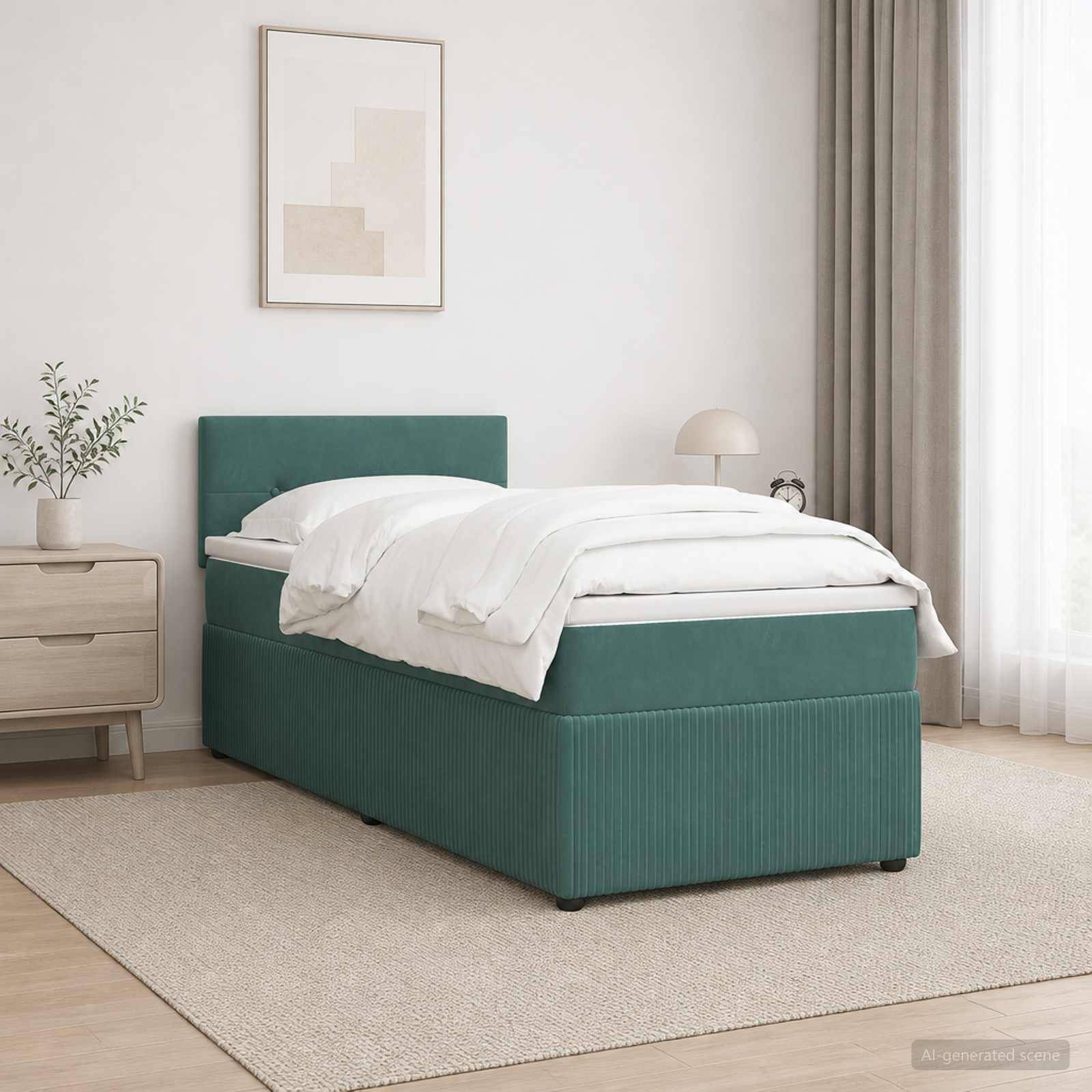 Ein ordentlich gemachtes Einzelbett mit grünem gepolstertem Rahmen in einem hellen minimalistischen Schlafzimmer, neben einer kleinen Kommode und einer Lampe.