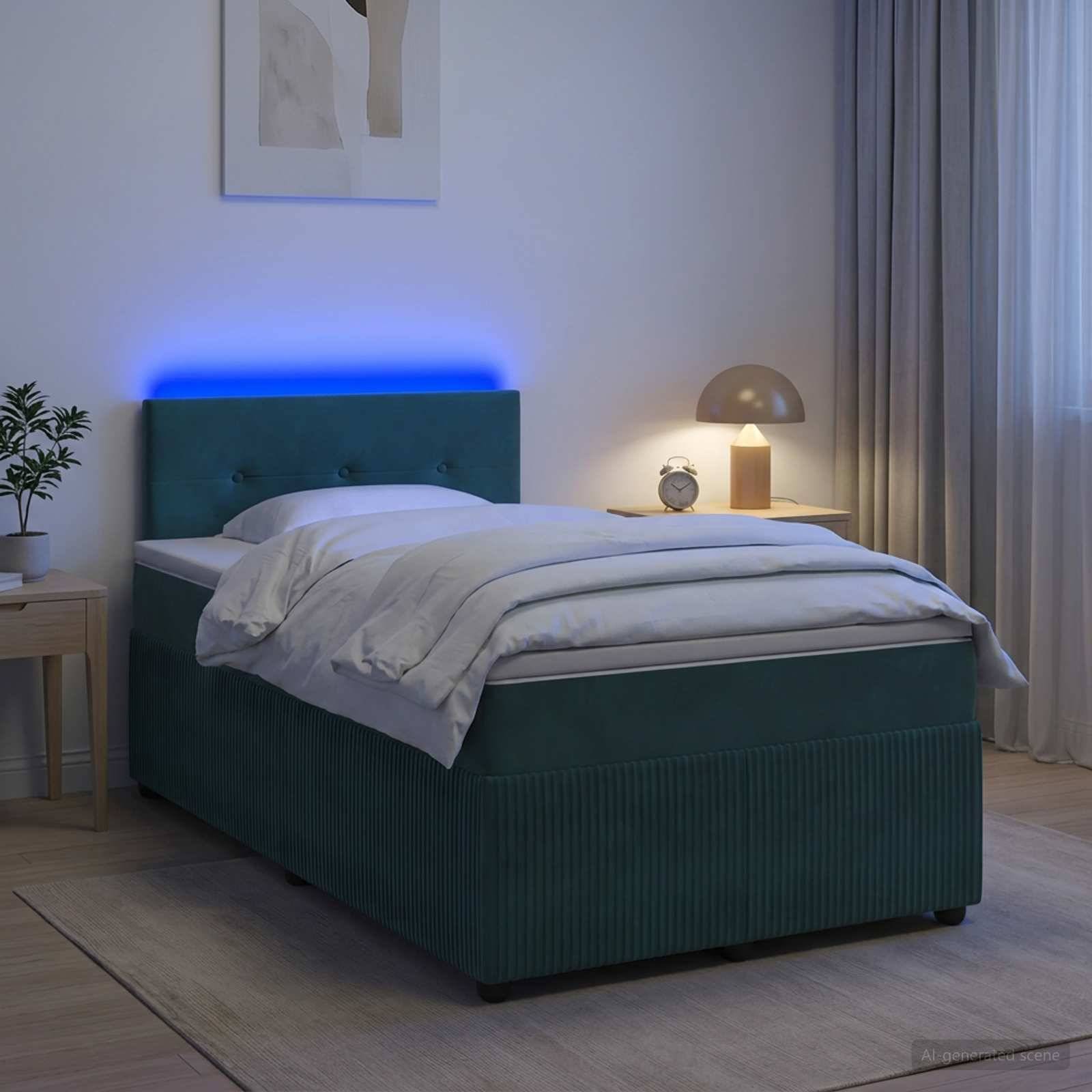 Modernes Bett mit Teal-Polsterung und weißer Bettwäsche sowie blauem Kopfteil mit Hintergrundbeleuchtung in einem sanft beleuchteten Schlafzimmer, neben einer Lampe und einer Uhr auf einem Nachttisch.