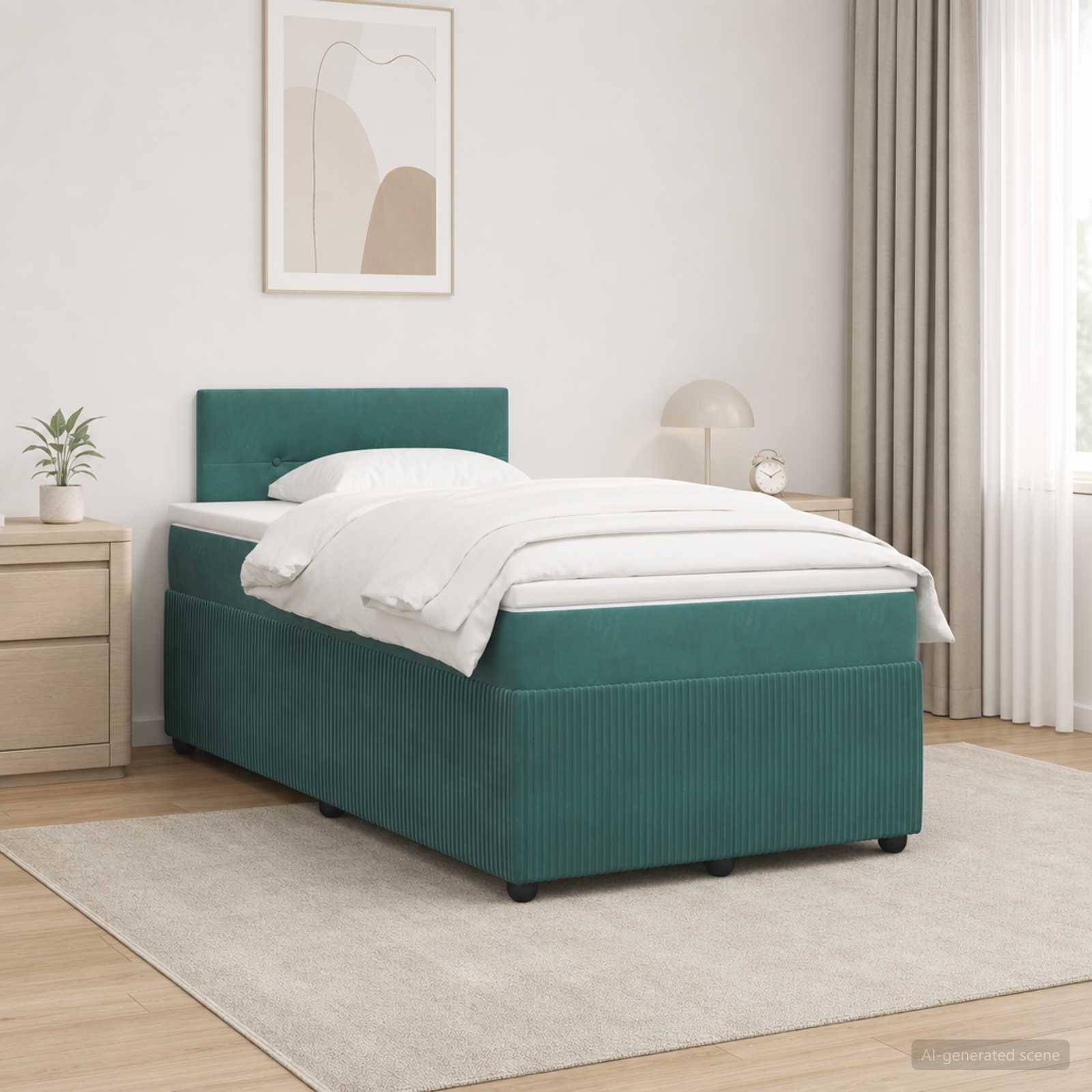 Modernes Schlafzimmer mit einem blaugrün gepolsterten Bett, weißer Bettwäsche, Nachttisch, Lampe und neutraler Dekoration auf einem hellen Teppich.