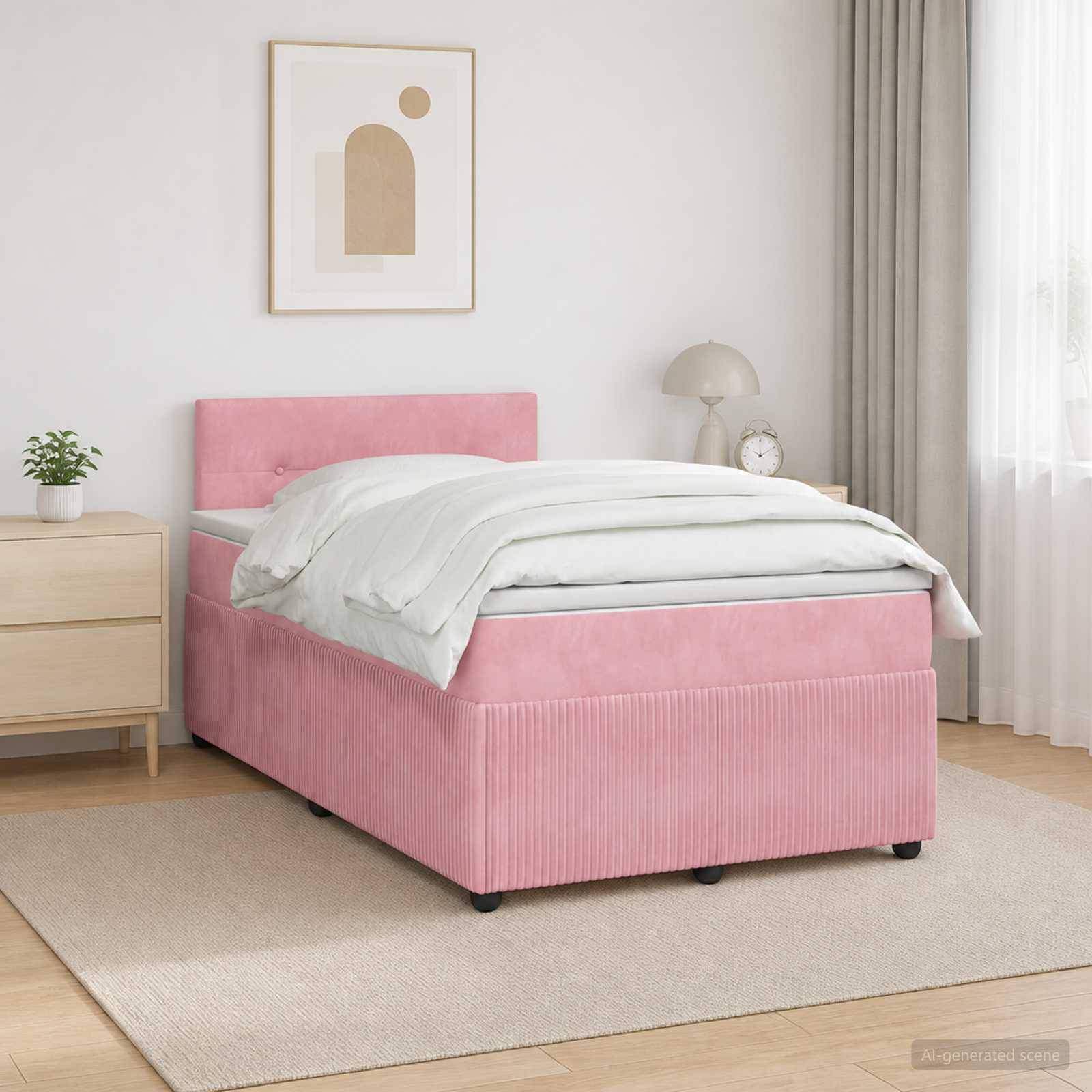 Rosafarbenes gepolstertes Bett mit weißer Bettwäsche in einem minimalistischen Schlafzimmer, neben einem hellholzfarbenen Nachttisch, einer Lampe, gerahmter Kunst und durchsichtigen Vorhängen.