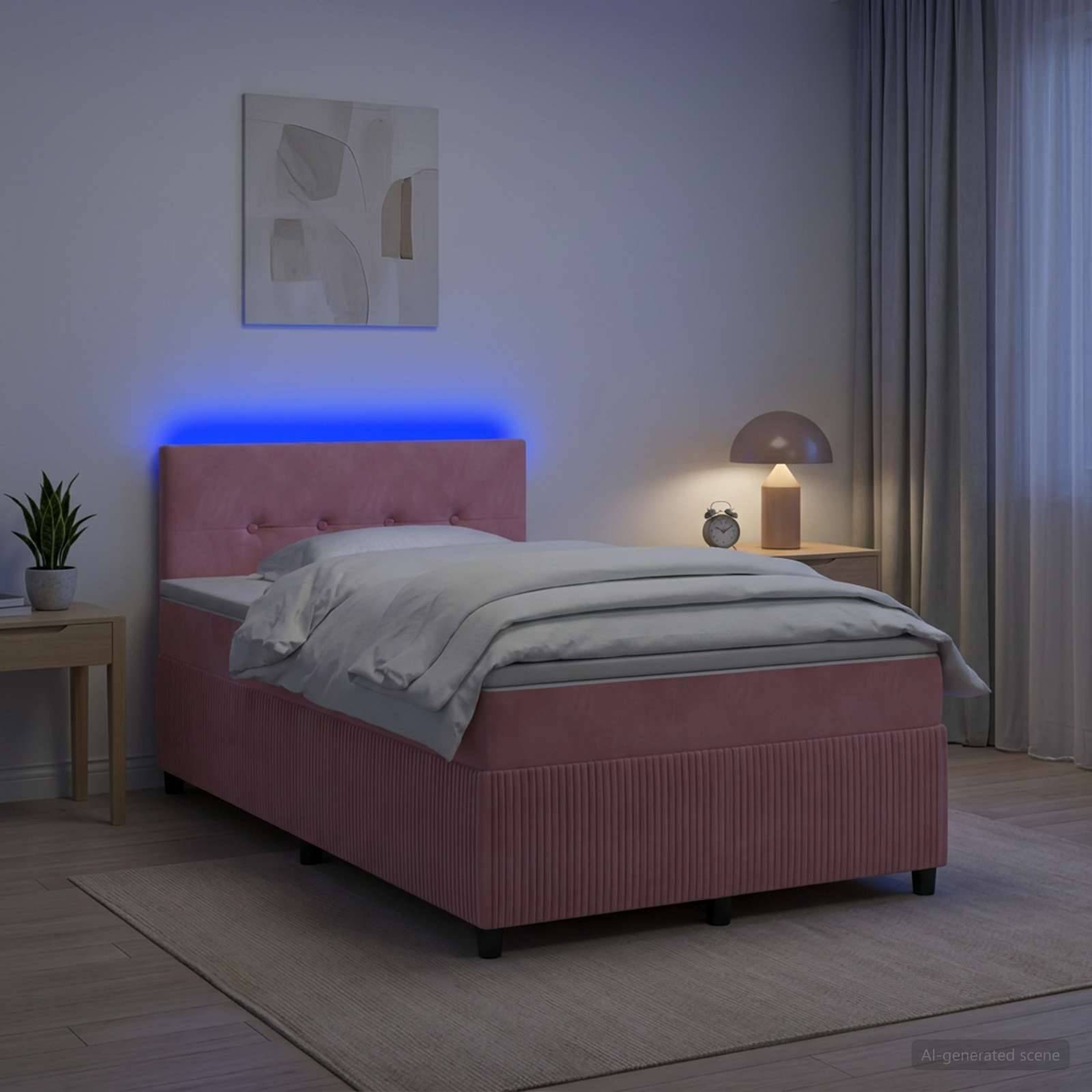 Modernes Schlafzimmer mit einem rosa gepolsterten Bett, blauem LED-Kopfleuchten-Glanz, Nachttischlampe und Uhr, Pflanze und durchsichtigen Vorhängen in einem sanft beleuchteten Raum.