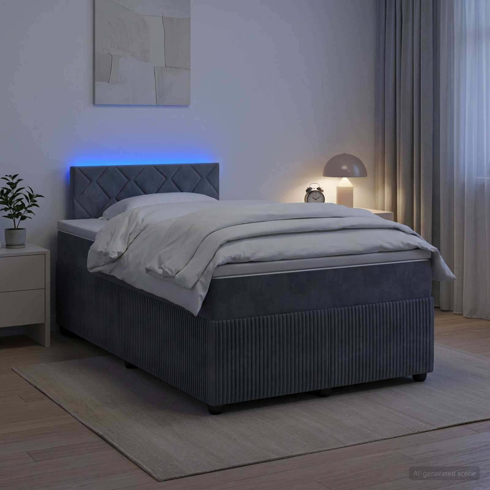 Modernes Schlafzimmer mit grau gepolstertem Bett, weißer Bettwäsche, blauer Kopfteilen-Hintergrundbeleuchtung, Nachttischlampe, Pflanze und Fenster mit Vorhängen.