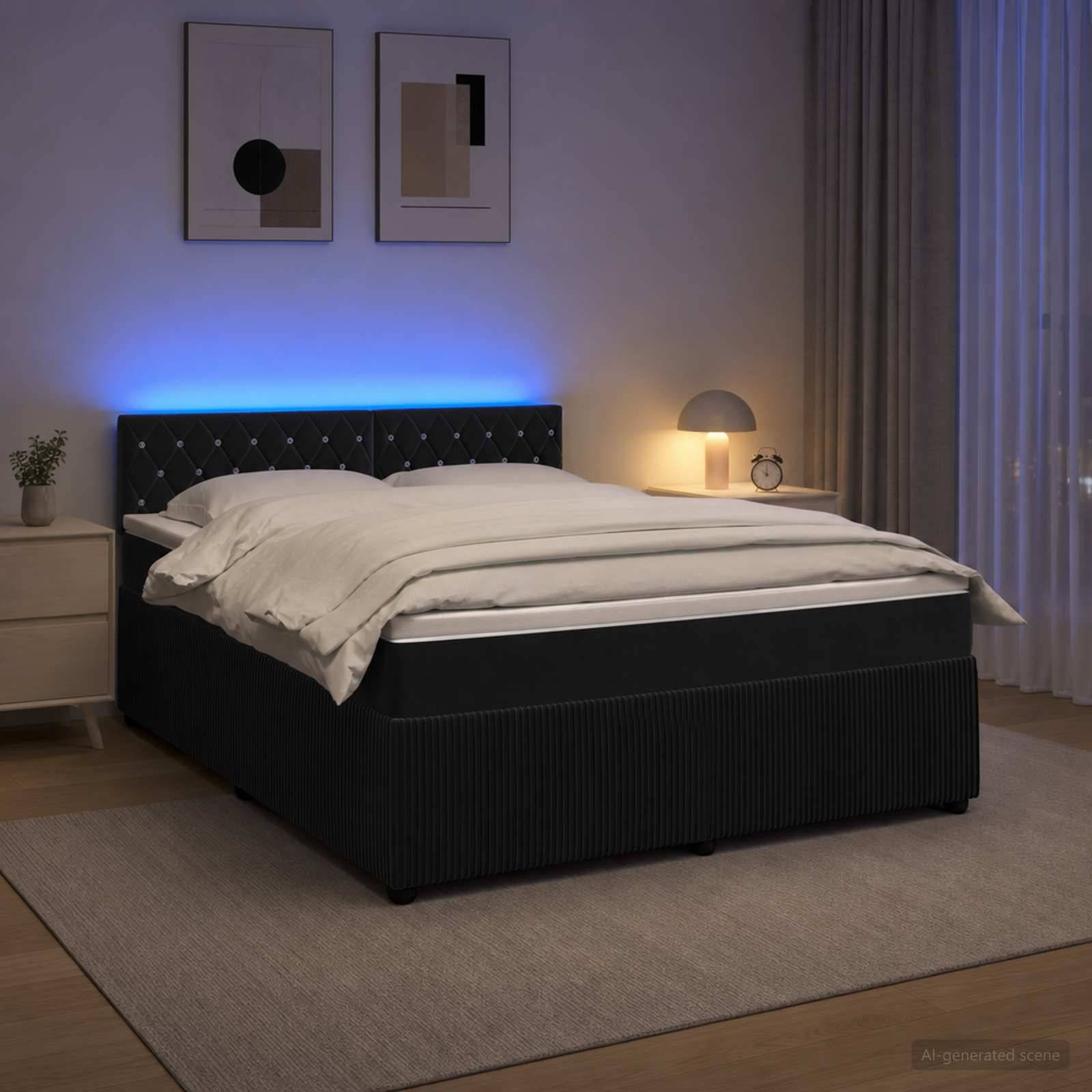 Modernes Schlafzimmer mit einem schwarz gepolsterten Bett, weißer Bettwäsche, blauer Kopfleuchte, Nachttischlampe, Wandkunst im Rahmen und Vorhängen.