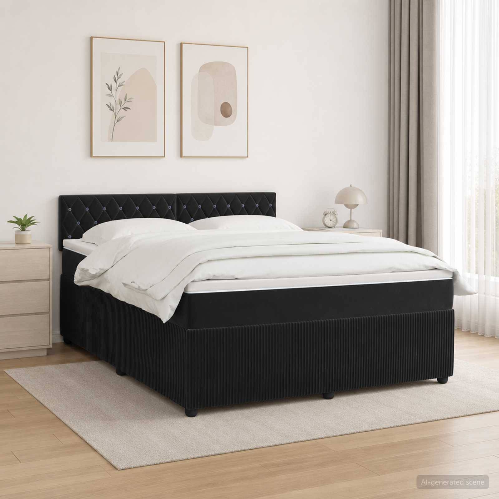 Modernes Schlafzimmer mit einem schwarzen gepolsterten Bett, weißer Bettwäsche, Nachttisch, Lampe, gerahmtem Wandkunst und durchsichtigen Vorhängen in einem hellen, minimalistischen Raum.