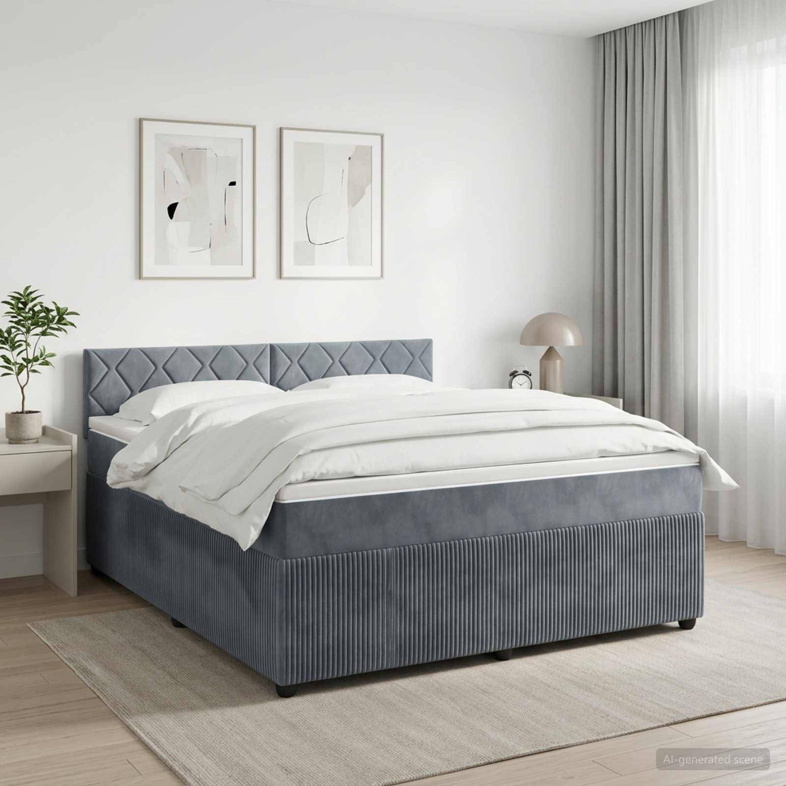 Ein modernes Schlafzimmer mit einem grau gepolsterten Bett, bezogen mit weißer Bettwäsche, gerahmter abstrakter Wandkunst, einem Nachttisch und transparenten Vorhängen.