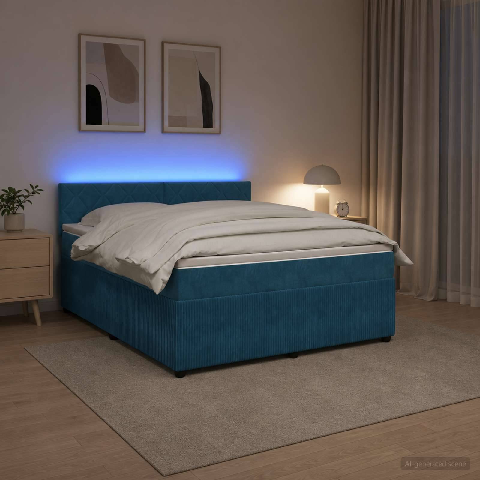 Modernes Schlafzimmer mit einem blaugepolsterten Bett und weicher blauer Hintergrundbeleuchtung, weißer Bettwäsche, Nachttischlampe, Wandkunst und Gardinen auf einem Teppich.