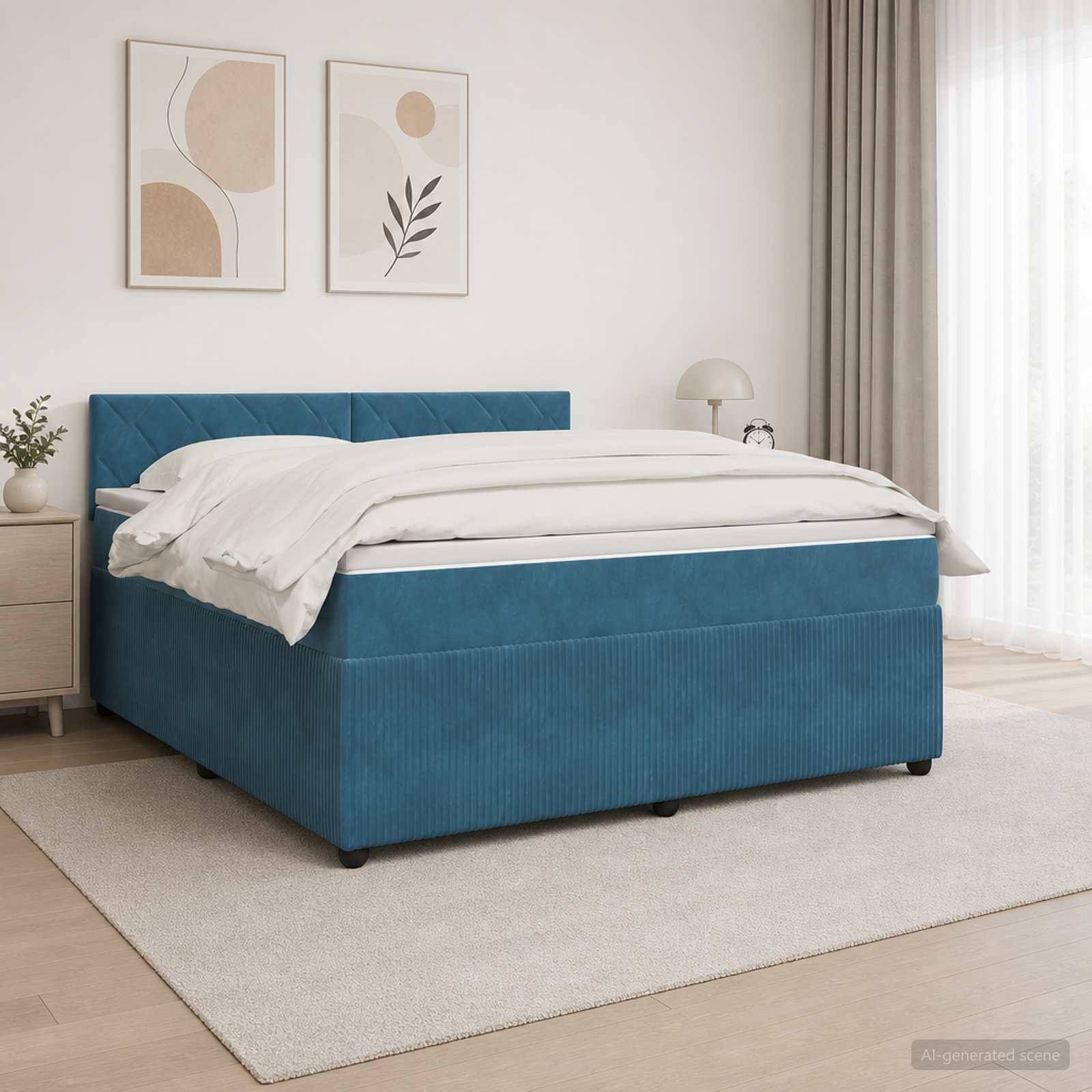 Blau gepolstertes Bett mit weißer Bettwäsche in einem minimalistischen Schlafzimmer, neben einem Nachttisch und Wandkunst in Rahmen