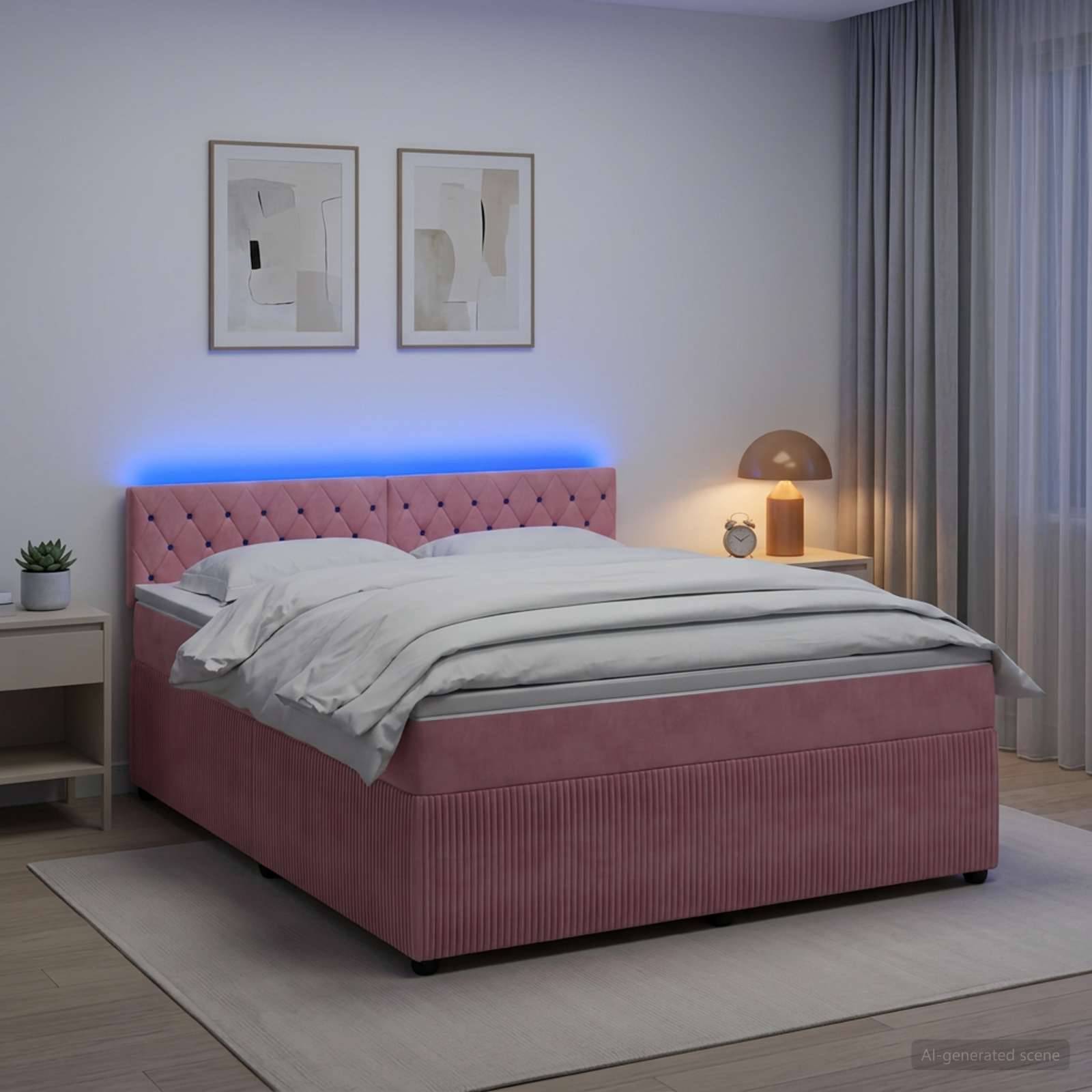 Modernes Schlafzimmer mit einem rosa gepolsterten Bett, weißer Bettwäsche, blauer LED-Kopfleuchte, Nachttischlampe, gerahmter Wandkunst und bodenhohen Vorhängen.