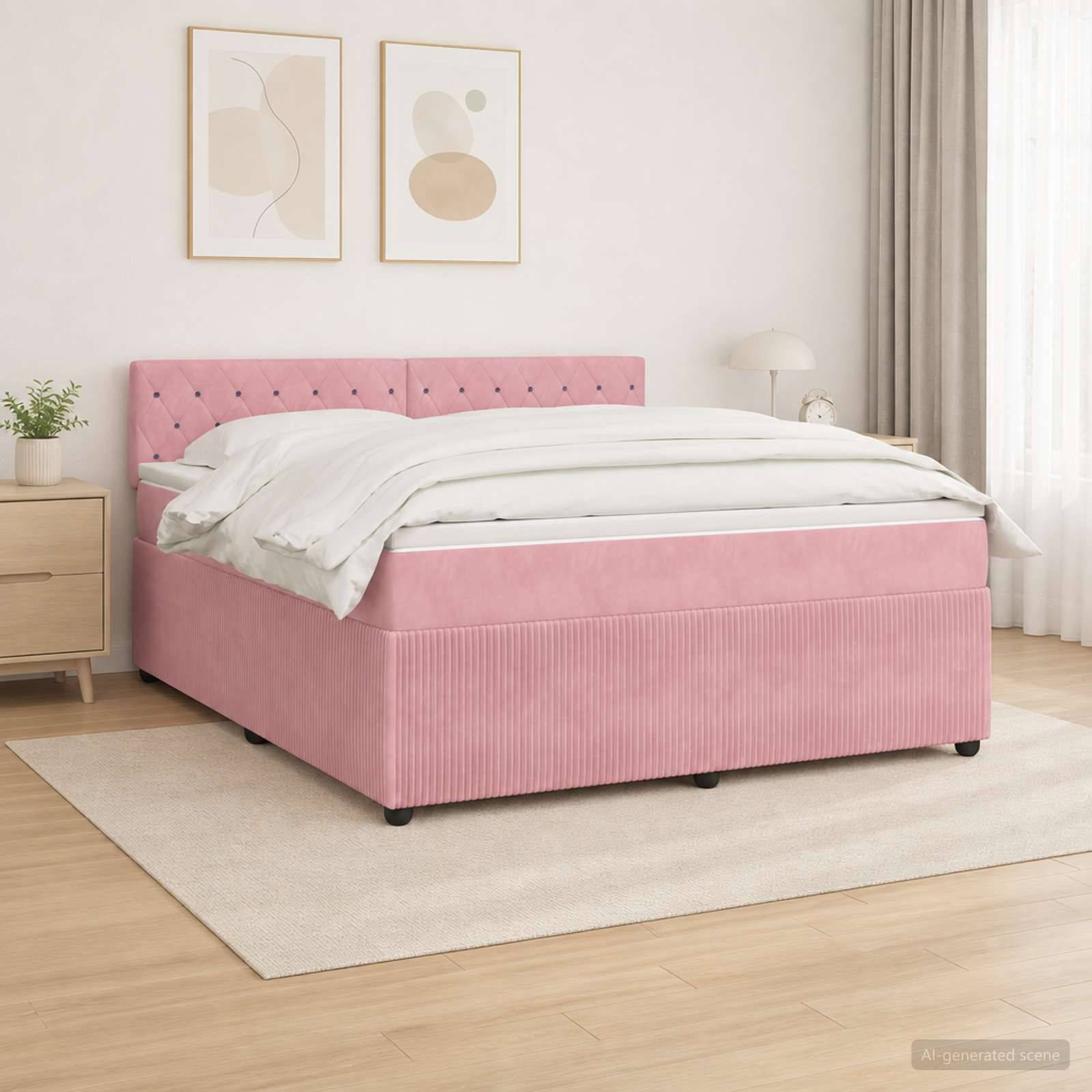 Rosiges Polsterbett mit gestepptem Kopfteil in einem hellen minimalistischen Schlafzimmer, gezeigt mit weißer Bettwäsche und neutraler Einrichtung.