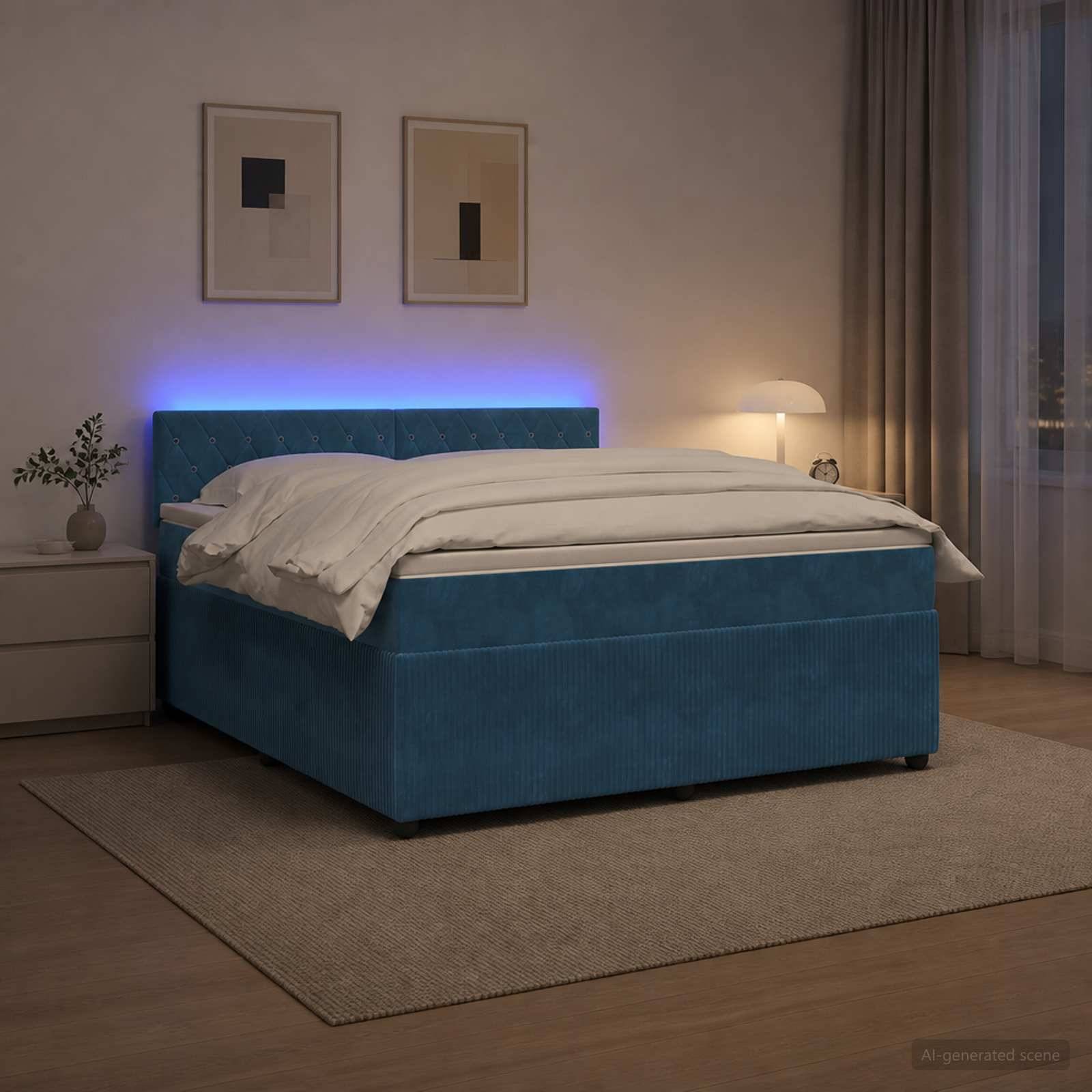 Blau gepolstertes Bett mit weißer Bettwäsche und blauem LED-Kopfbereich-Glow in einem modernen Schlafzimmer neben einem Nachttisch, einer Lampe und einem Vorhang.