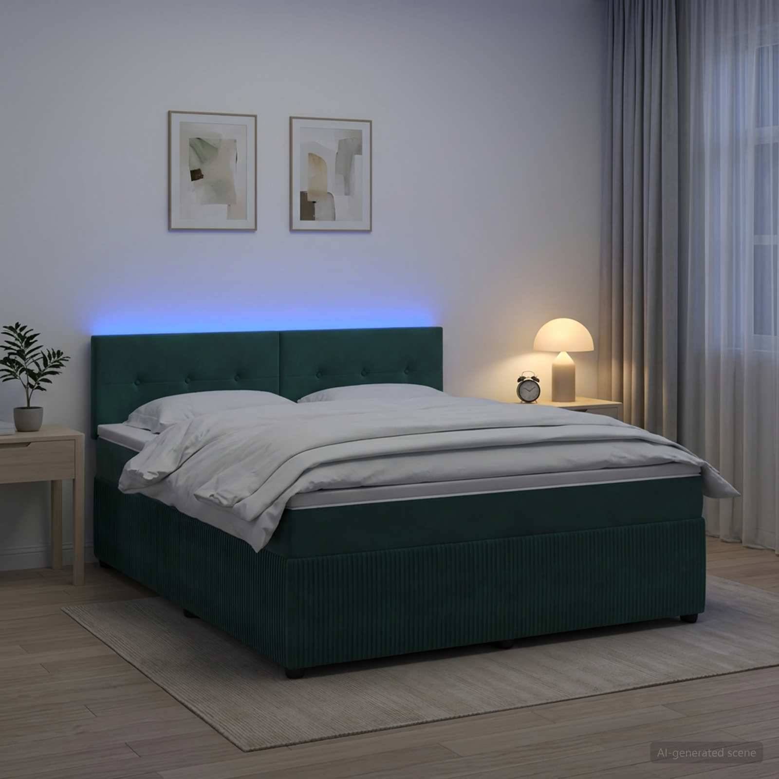 Modernes Schlafzimmer mit dunkelgrünem gepolstertem Bett, weißer Bettwäsche, blauem Kopfteilen-Glow, Nachttischlampe, gerahmtem Wandkunstwerk und transparenten Vorhängen.