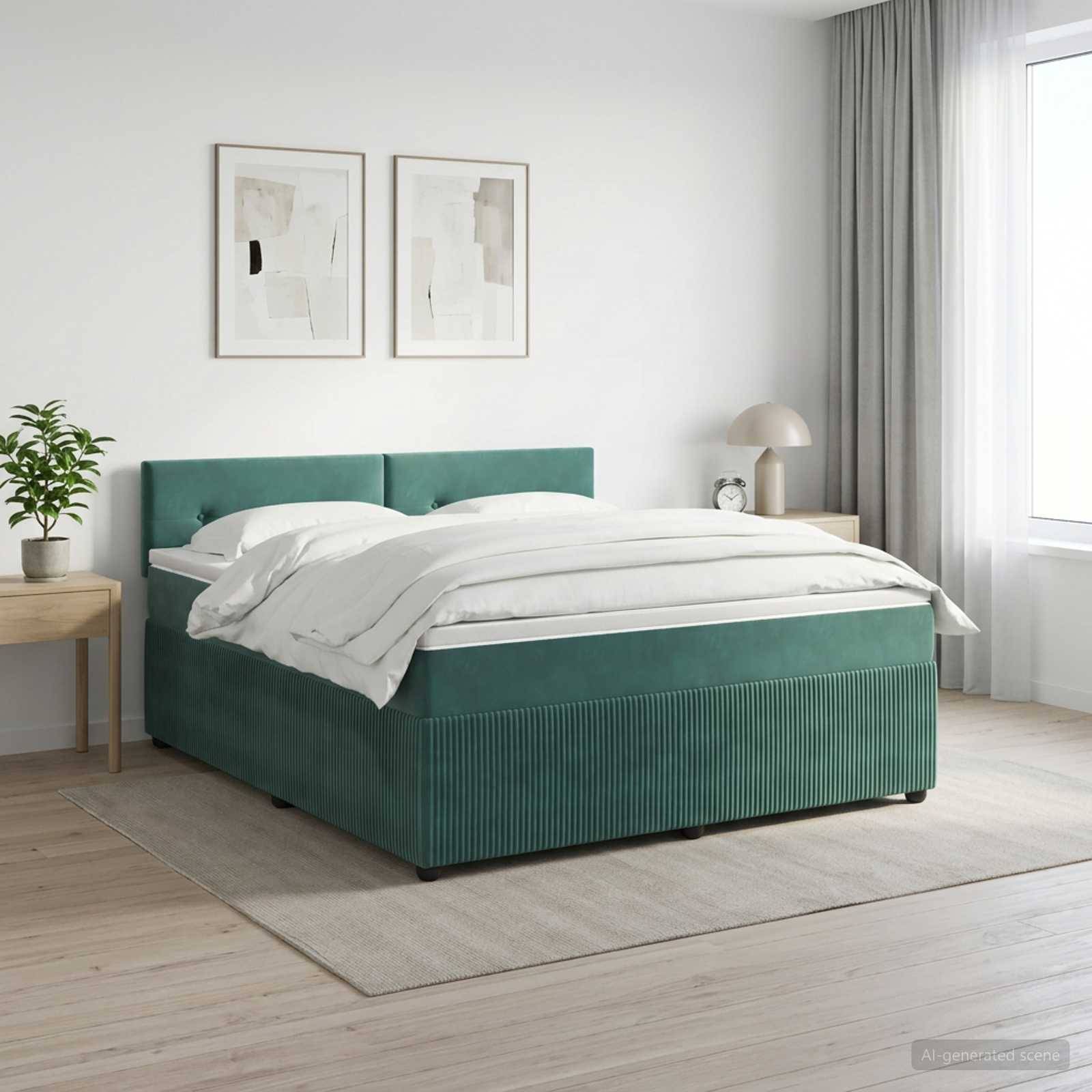 Modernes Schlafzimmer mit einem blaugrünen gepolsterten Bett, bezogen mit weißer Bettwäsche, flankiert von Nachttischen, gerahmter Kunst und einem Fenster mit Vorhängen.