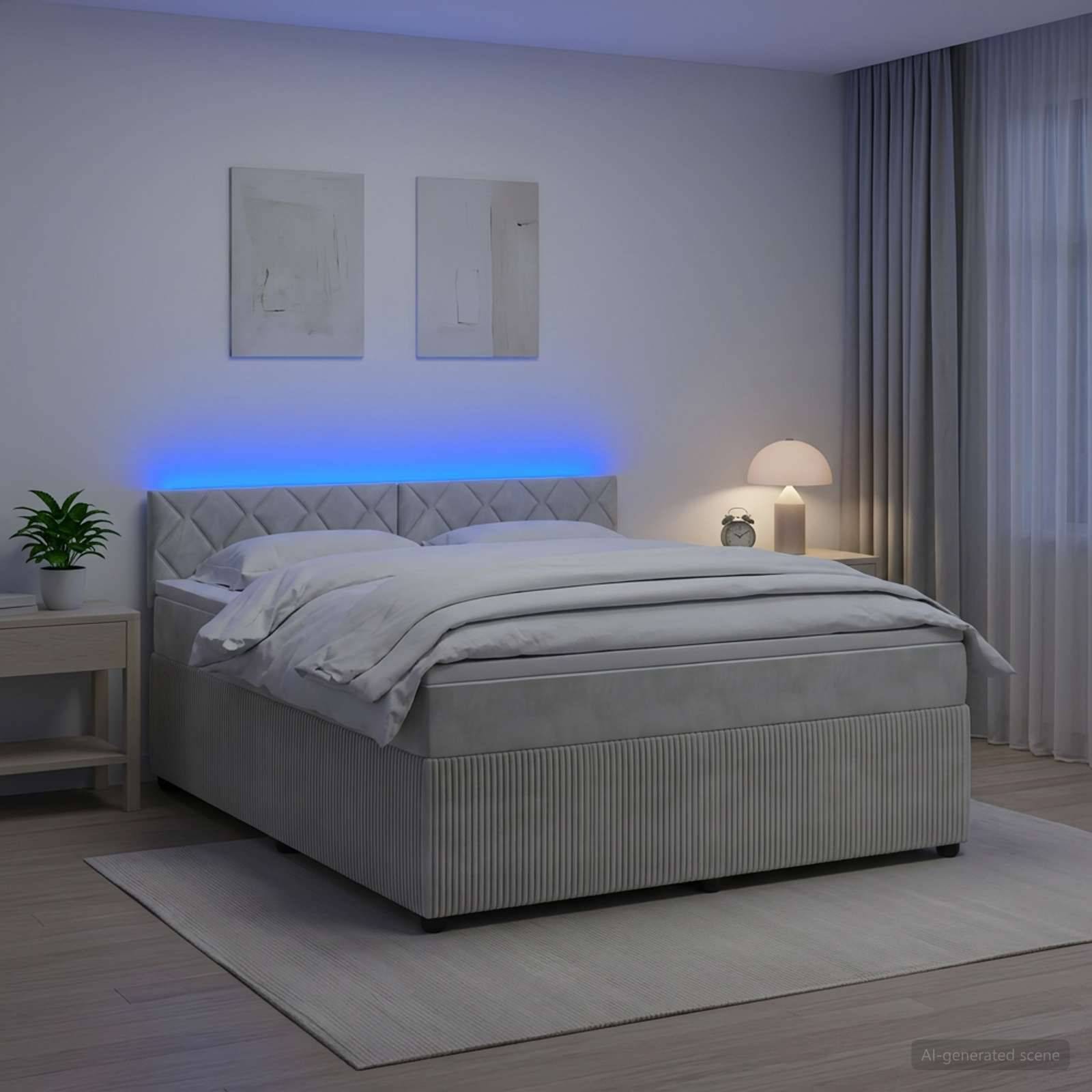 Modernes graues Schlafzimmer mit gemachtem Bett, blauem hinterleuchtetem Kopfteil, Nachttischlampe, Pflanze, Wandkunst und bodenlangen Vorhängen.
