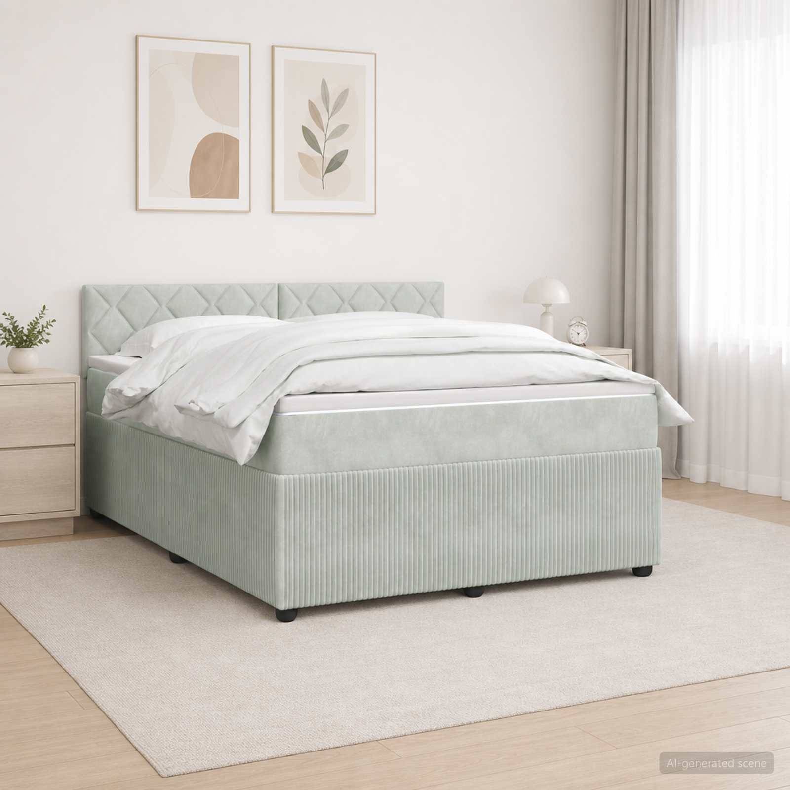 Ein modernes Bett mit hellgrünem gepolstertem Rahmen und gestepptem Kopfteil in einem minimalistischen Schlafzimmer, mit weißer Bettwäsche, Nachttisch, gerahmter Wandkunst und durchscheinenden Vorhängen.