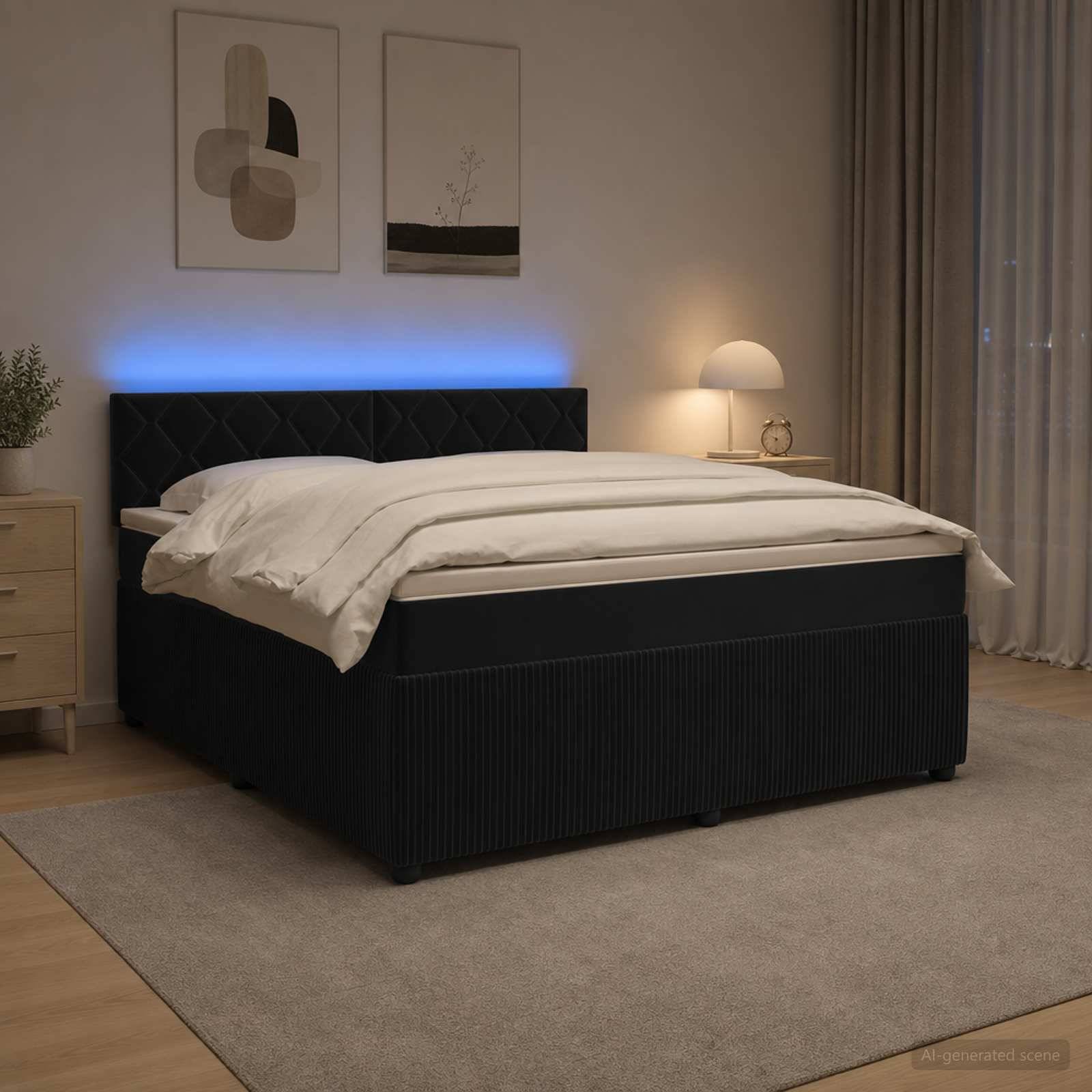 Modernes Schlafzimmer mit einem schwarzen gepolsterten Bett, blauer Hintergrundbeleuchtung, weißer Bettwäsche, Nachttischlampe, Wandkunst und Vorhängen.