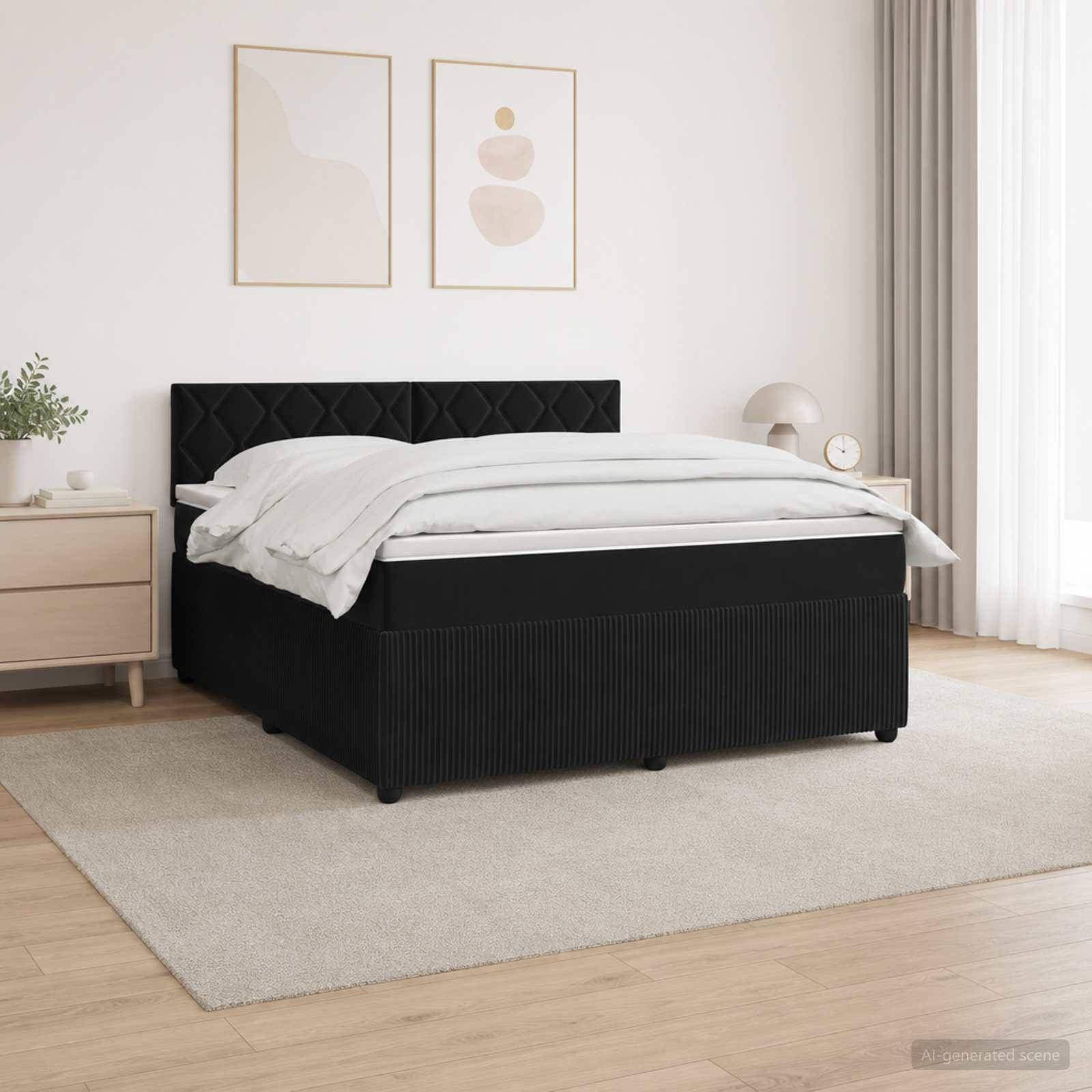 Modernes Schlafzimmer mit einem schwarzen gepolsterten Bett, weißer Bettwäsche, beige Nachttisch, eingerahmten Wandbildern und einer hellen neutralen Einrichtung.