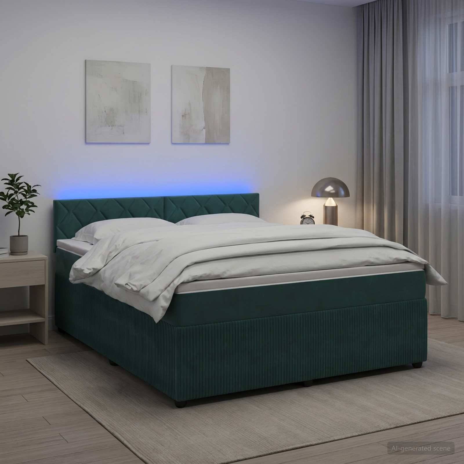 Modernes Schlafzimmer mit einem blaugrün gepolsterten Bett, weißer Bettwäsche, blauem hinterleuchtetem Kopfteil, Nachttischlampe, Pflanze, Wandkunst und Vorhängen.
