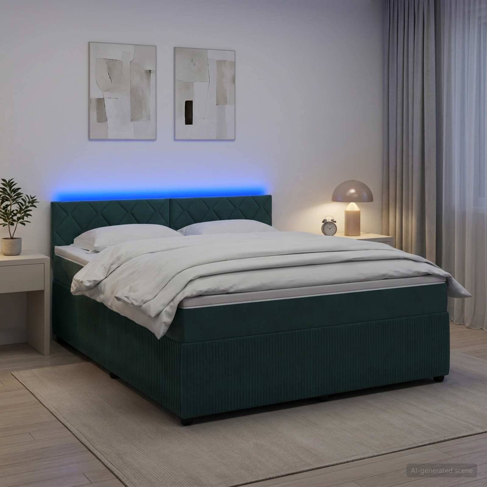 Modernes Schlafzimmer mit dunkelgrünem gepolstertem Bett, weißer Bettwäsche, blauem LED-Kopfteilglanz, Nachttischlampe und Wandkunst.