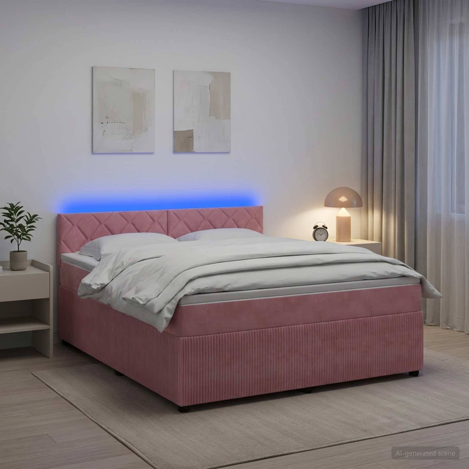 Modernes Schlafzimmer mit rosa gepolstertem Bett, blau hinterleuchtetem Kopfteil, weißer Bettwäsche, Nachttischlampe, Pflanze und Wandkunst.