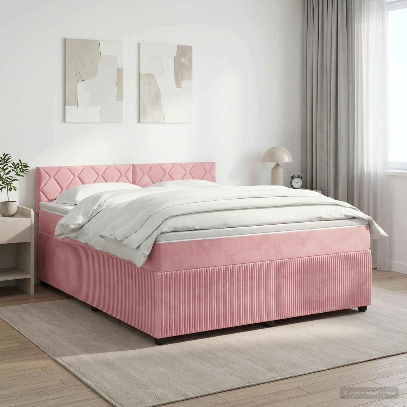 Rosafarbenes Bett mit Polsterung, gestepptem Kopfteil und weißer Bettwäsche in einem hellen, minimalistischen Schlafzimmer mit Wandkunst, Nachttisch, Lampe, Fenster und Teppich.