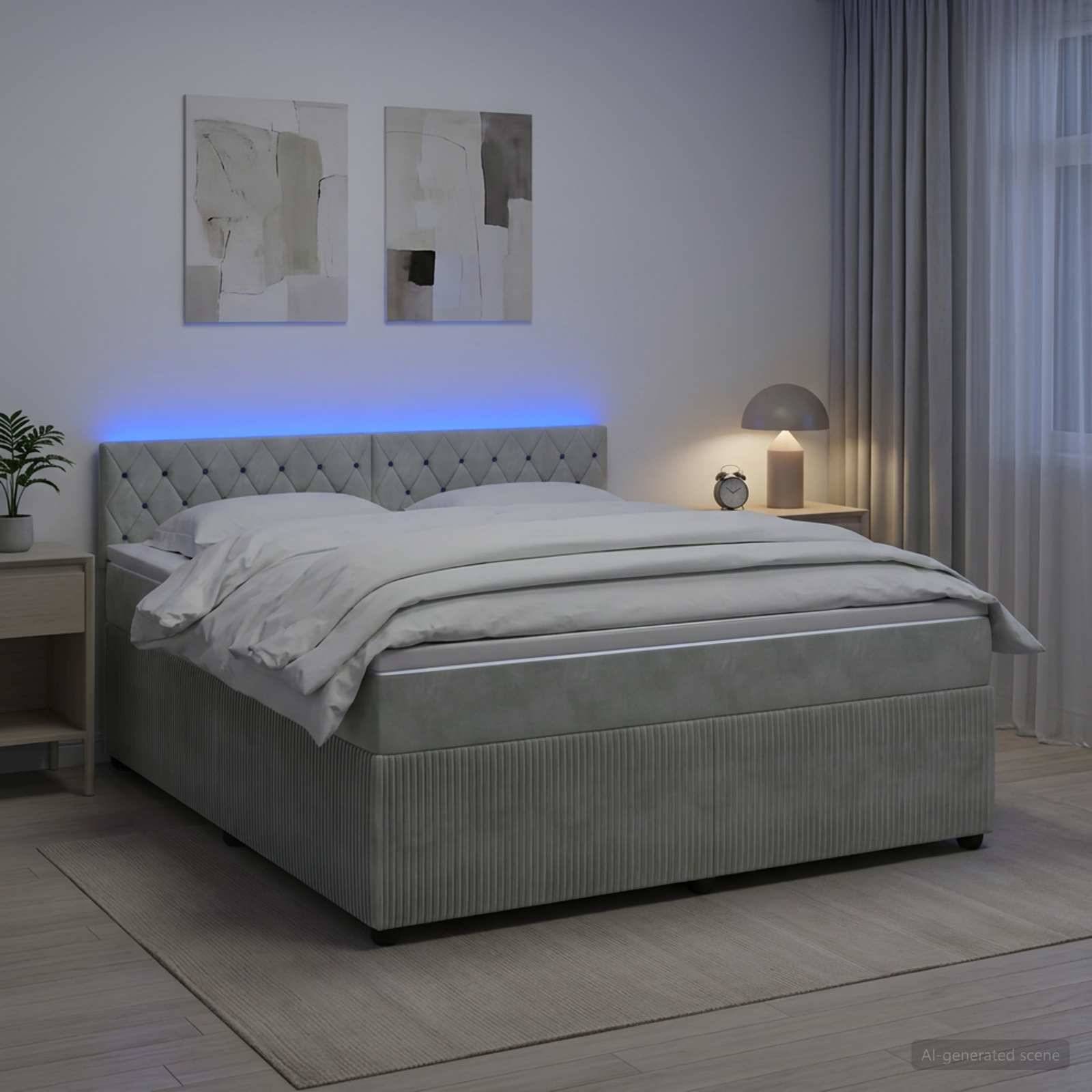 Modernes Schlafzimmer mit grauem gepolstertem Bett, weißer Bettwäsche, blauer LED-Kopfleuchte, Nachttischen und abstrakter Wandkunst.