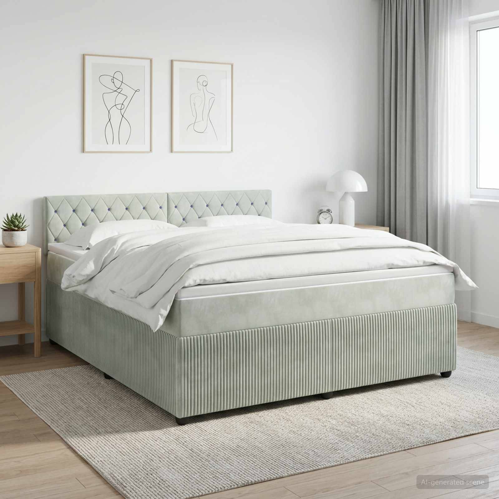 Ein ordentlich gemachtes Bett mit gepolstertem hellgrauem Kopfteil steht in einem hellen, minimalistischen Schlafzimmer mit rahmierten Strichzeichnungen, einem Beistelltisch und einem Fenster.