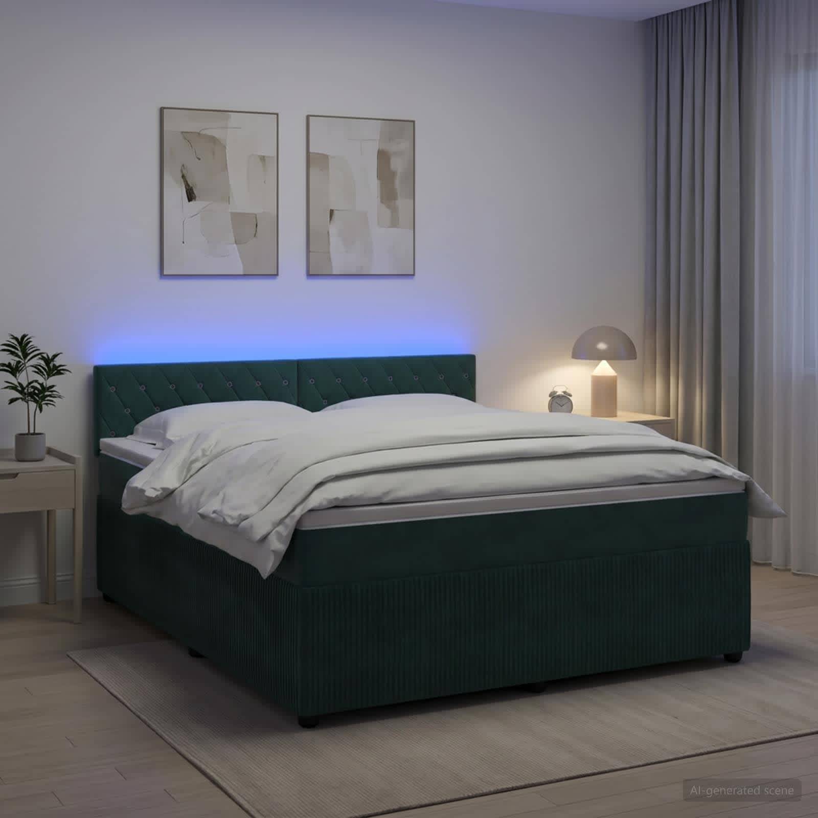 Modernes Schlafzimmer mit einem grün gepolsterten Bett, weißer Bettwäsche, Nachttischlampe, Pflanze und abstrakter Wandkunst, sanft beleuchtet mit blauer Akzentbeleuchtung.