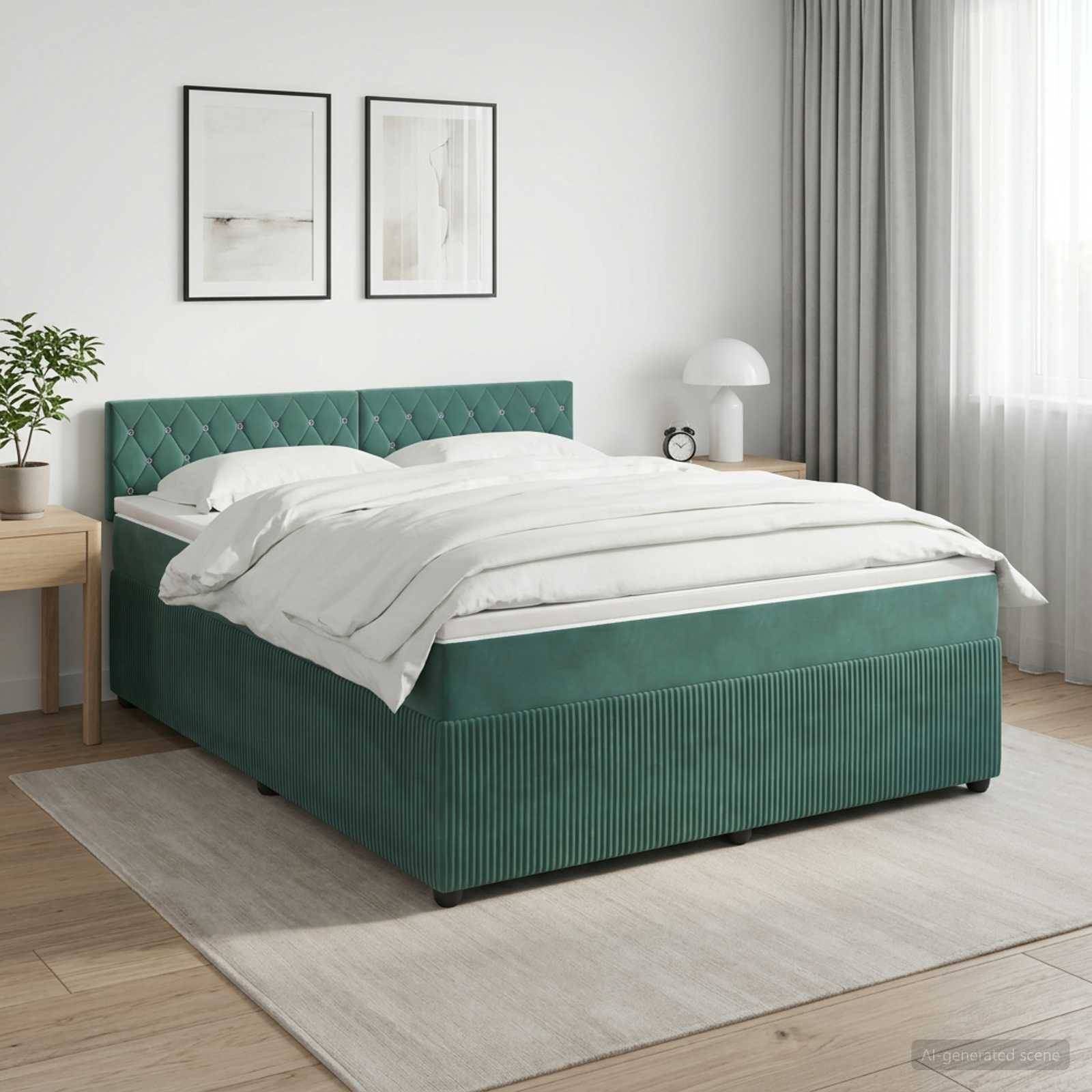 Blaugrünes Polsterbett mit weißer Bettwäsche in einem hellen, minimalistischen Schlafzimmer mit gerahmten Wandbildern, Nachttischlampe und transparenten Vorhängen.