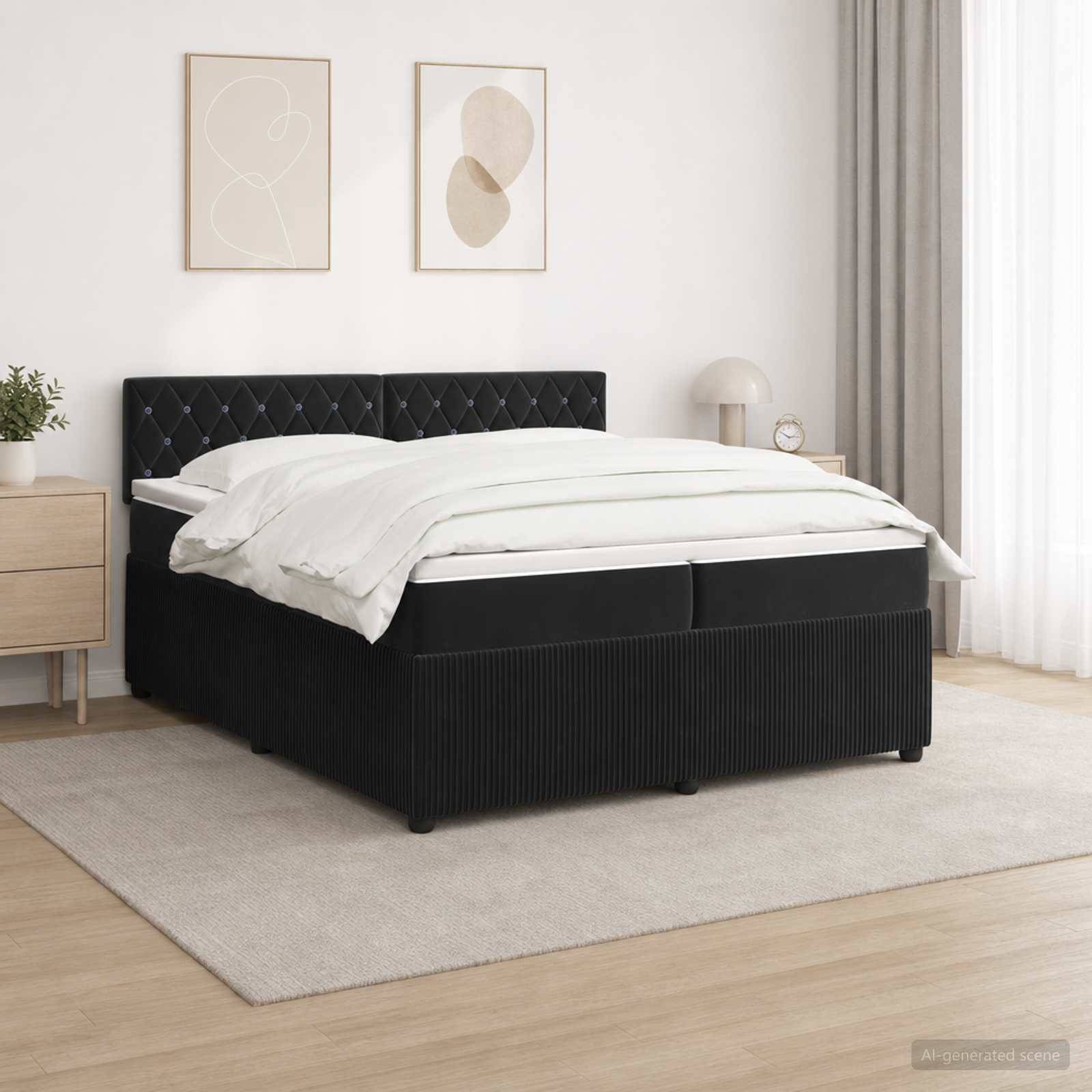 Modernes Schlafzimmer mit einem schwarzen gepolsterten Bett, weißer Bettwäsche, Nachttisch, Wandkunst, Lampe und leichten Vorhängen auf einem beigen Teppich.
