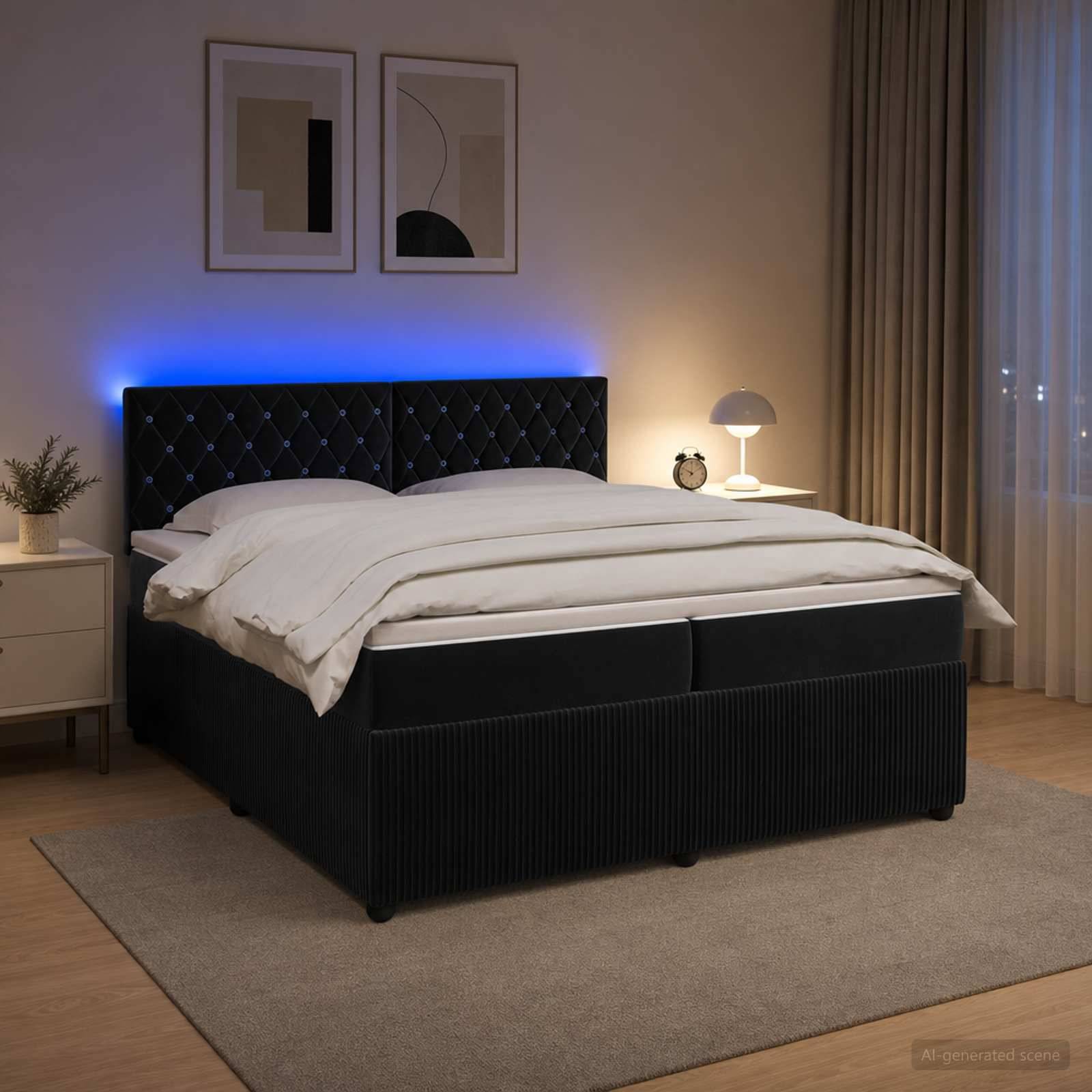 Modernes Schlafzimmer mit einem schwarzen gepolsterten Bett, weißer Bettwäsche, blau hinterleuchtetem Kopfteil, Nachttischlampe, Nachttisch, eingerahmter Wandkunst und Bodenteppich.