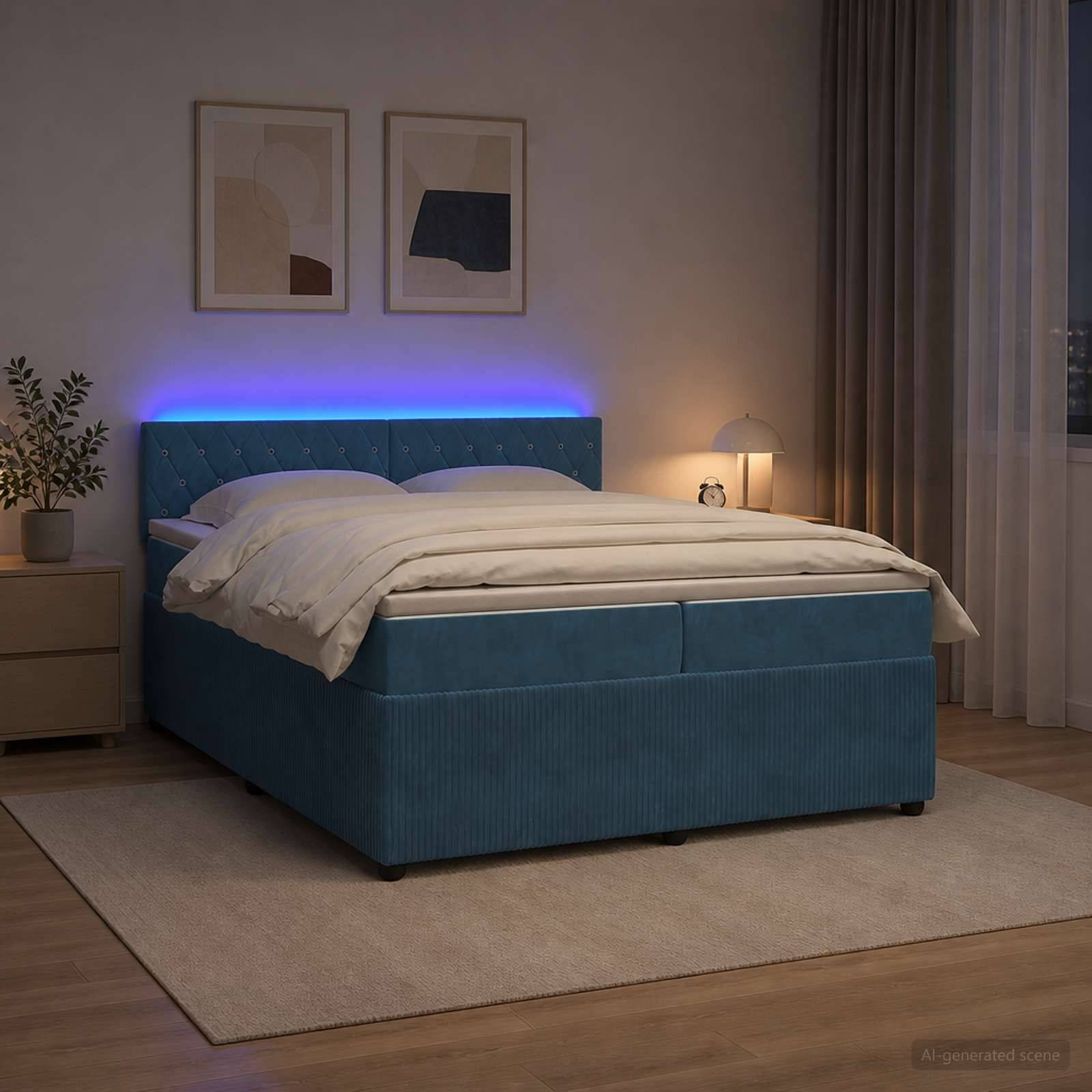 Modernes Schlafzimmer mit einem blau gepolsterten Bett und leuchtender Kopfleiste, beigefarbener Bettwäsche, Nachttischlampe, Teppich und gerahmter Wandkunst.