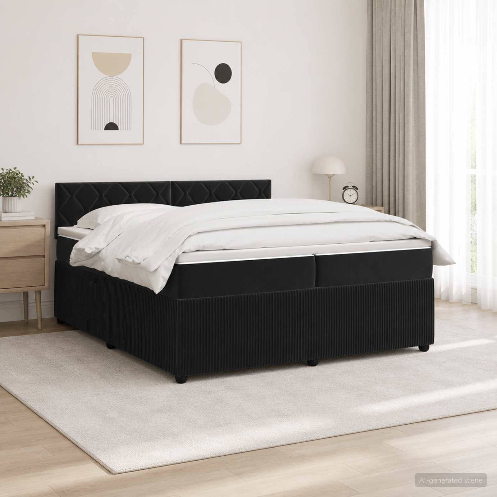 Modernes Schlafzimmer mit einem schwarzen gepolsterten Bett und weißer Bettwäsche, rahmenförmige minimalistische Wandkunst, Nachttisch, Lampe und hellen Fenstervorhängen.
