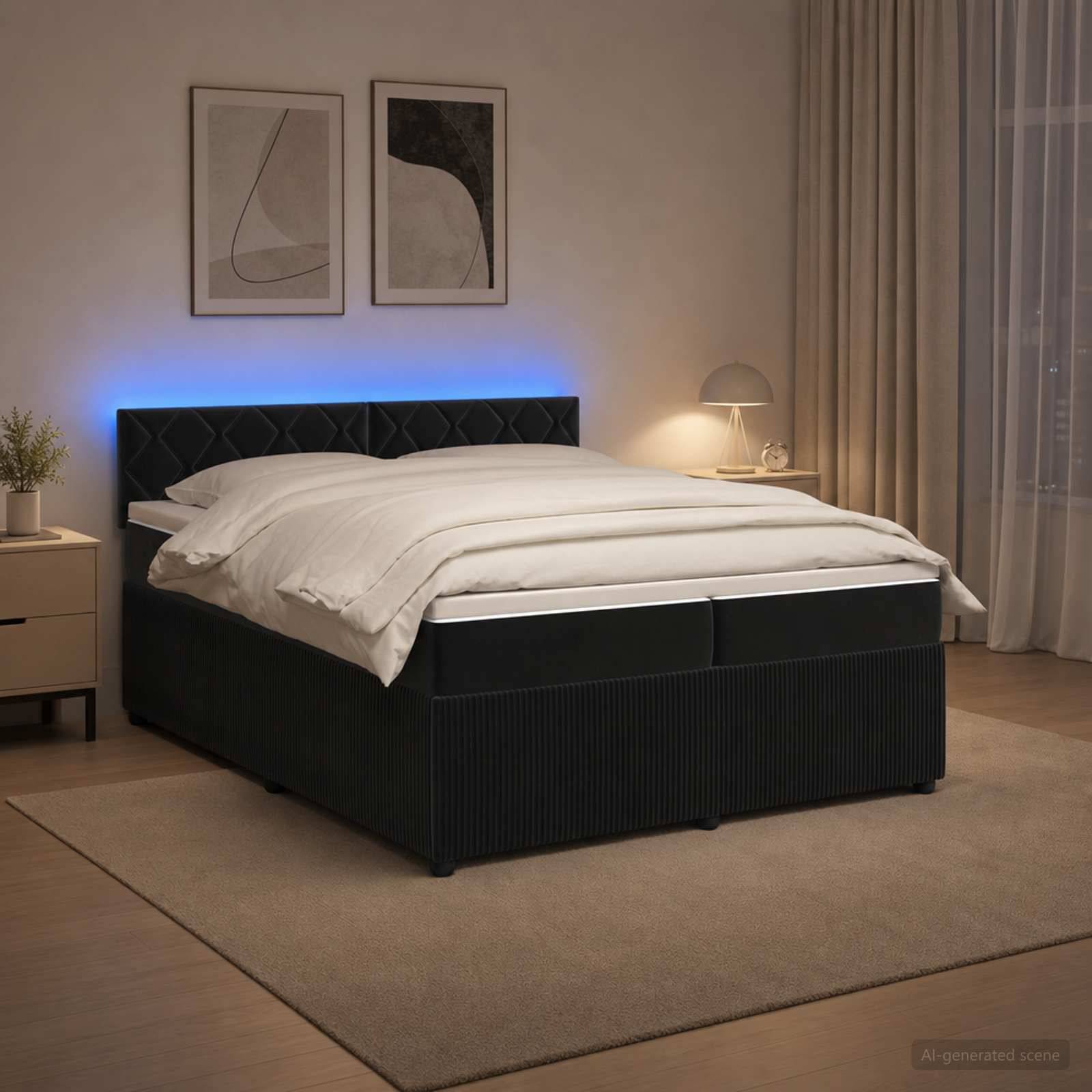 Modernes Schlafzimmer mit ordentlich gemachtem Bett, schwarzem gepolstertem Kopfteil mit blauer Hintergrundbeleuchtung, Nachttischen, Lampe und gerahmten Wandbildern.