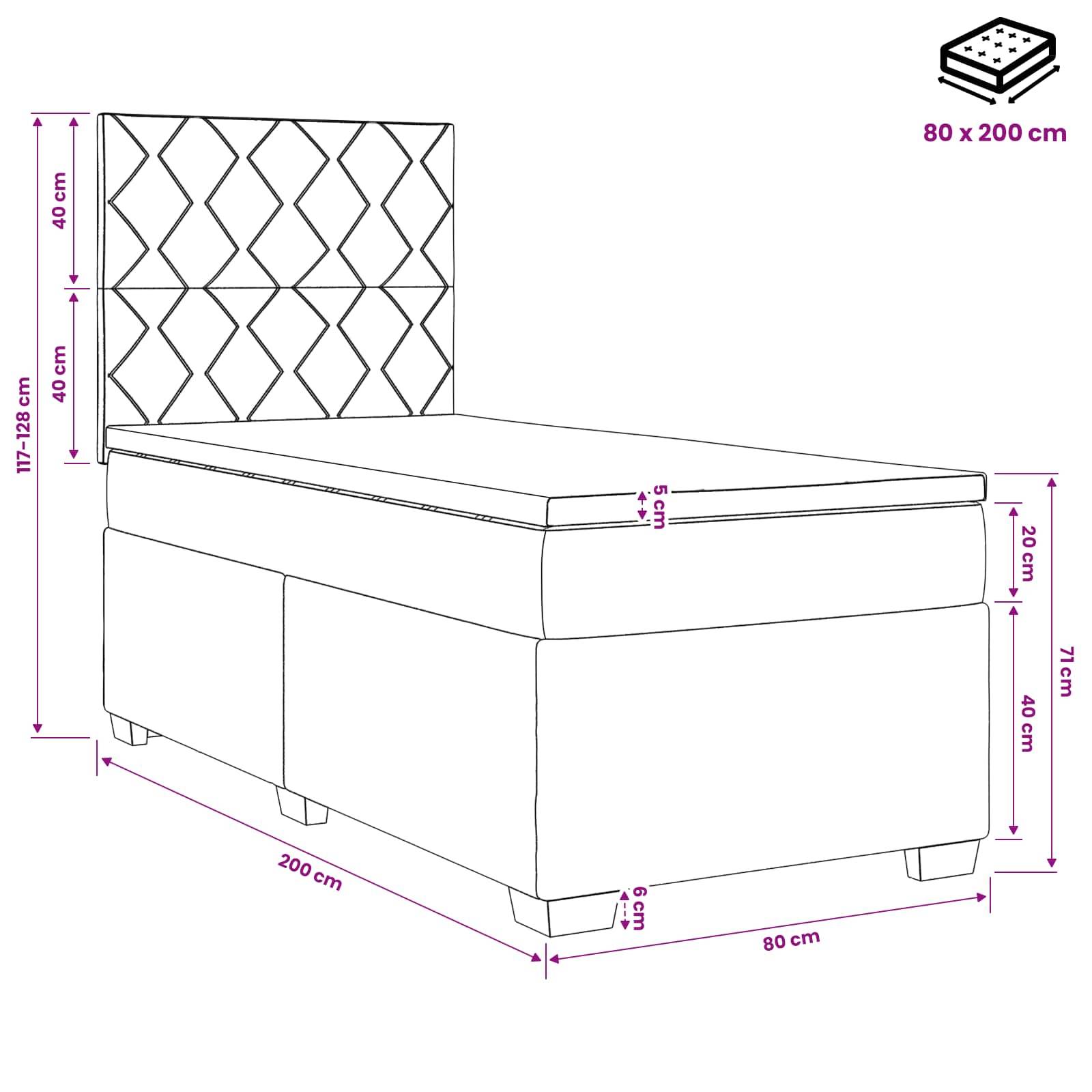 Strichzeichnung eines Bettes mit Abmessungen: 200 cm lang, 80 cm breit, 117–128 cm hoch, mit einer 80 x 200 cm Matratze und einem 5 cm dicken Matratzentopper.