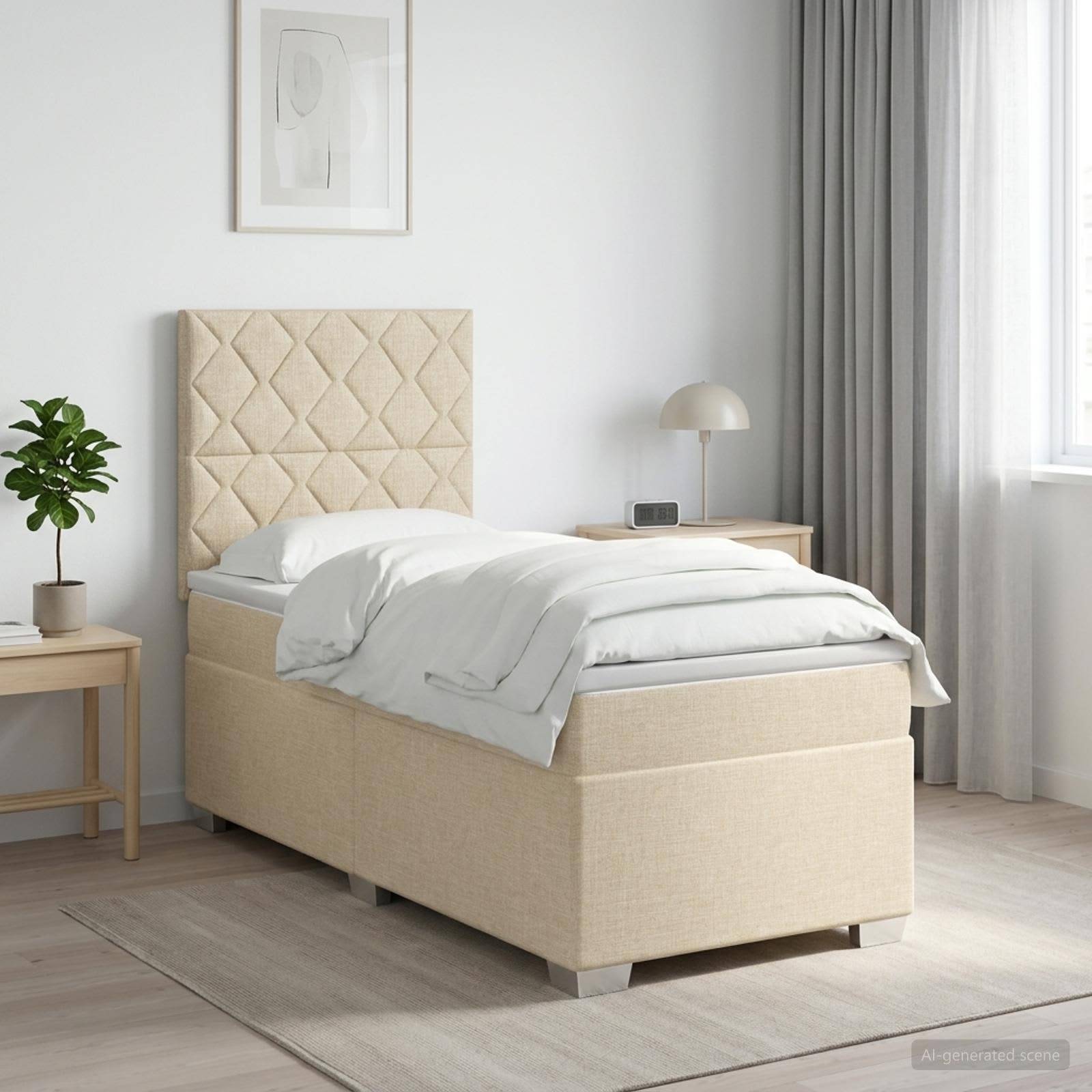 Minimales Schlafzimmer in Beige mit einem gepolsterten Einzelbett, weißer Bettwäsche, Nachttischen, Lampe, Pflanze, Vorhängen und gerahmter Wandkunst.