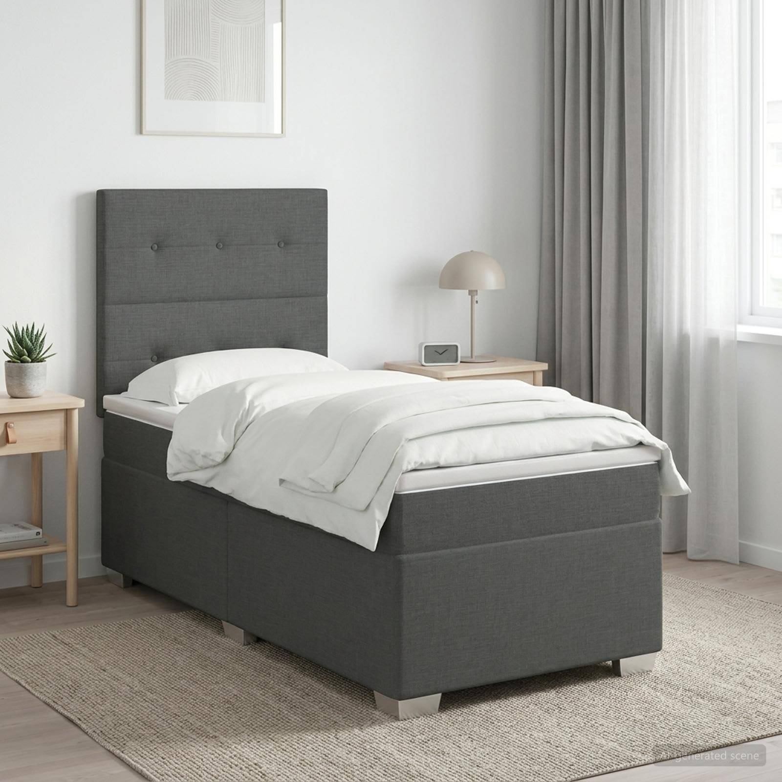 Grau gepolstertes Einzelbett mit weißer Bettwäsche in einem hellen Schlafzimmer, flankiert von kleinen Holznachttischen in der Nähe eines Fensters.