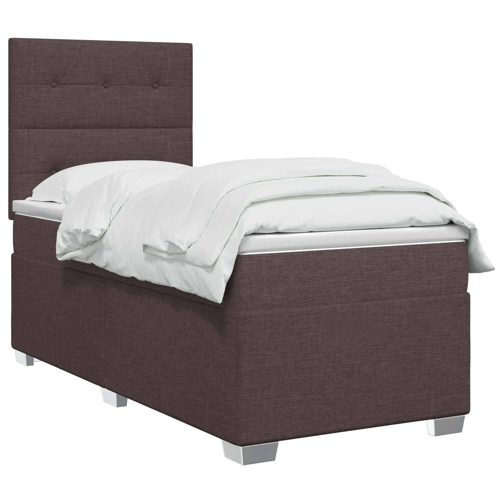Einzelbett mit dunkelbraunem gepolstertem Rahmen und hohem gestepptem Kopfteil, gezeigt mit weißer Bettwäsche auf neutralem Hintergrund.