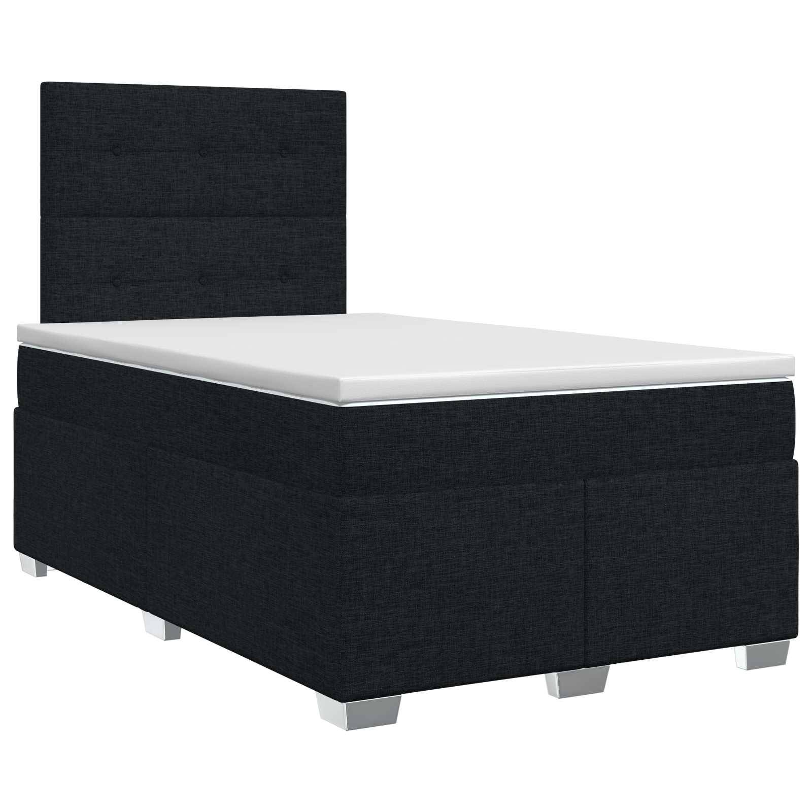 Schwarzes gepolstertes Einzelbett mit weißer Matratze und hohem Kopfteil auf weißem Hintergrund.