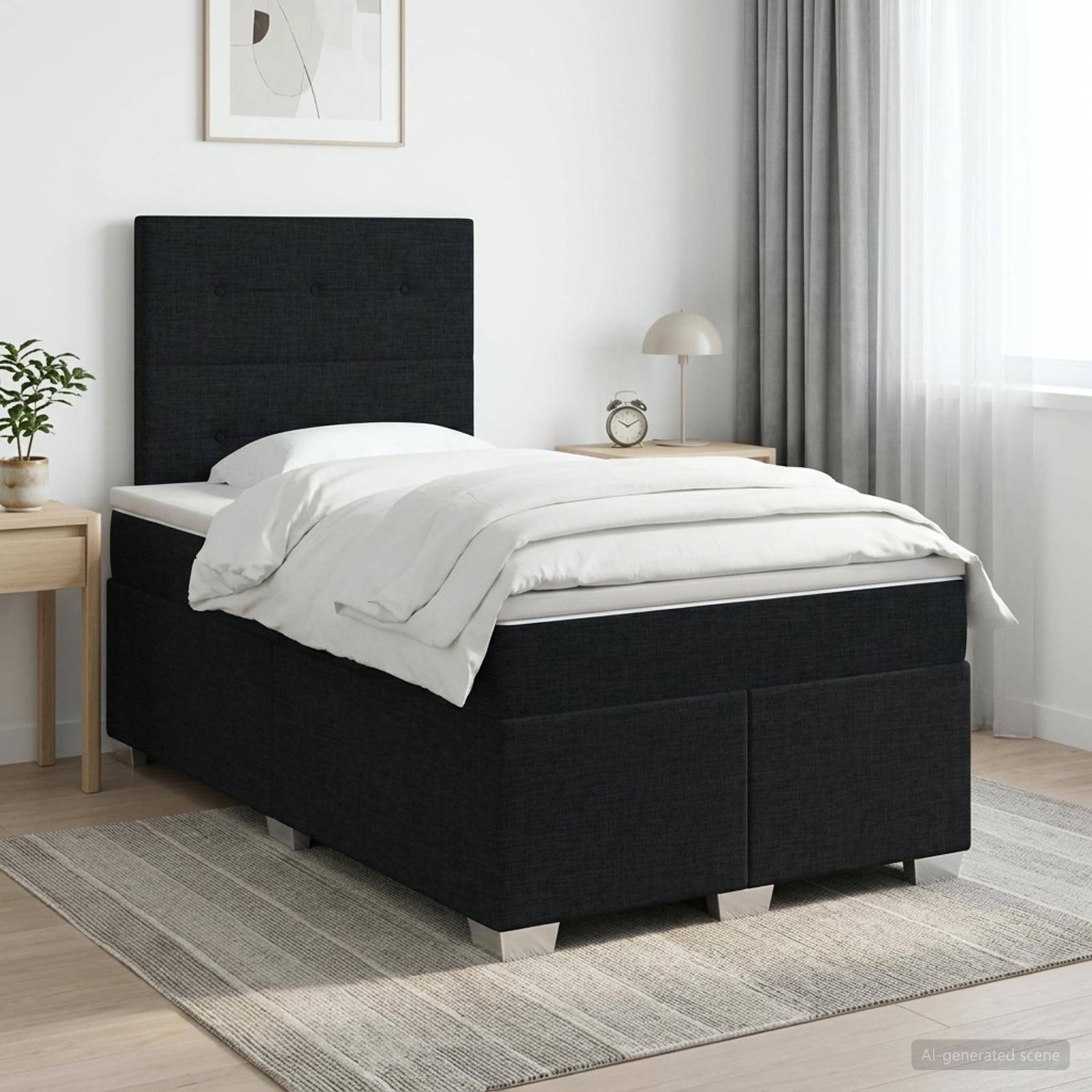 Schwarzes gepolstertes Einzelbett mit weißer Bettwäsche in einem hellen, minimalistischen Schlafzimmer, neben einem Nachttisch, einer Lampe und Fenstervorhängen.