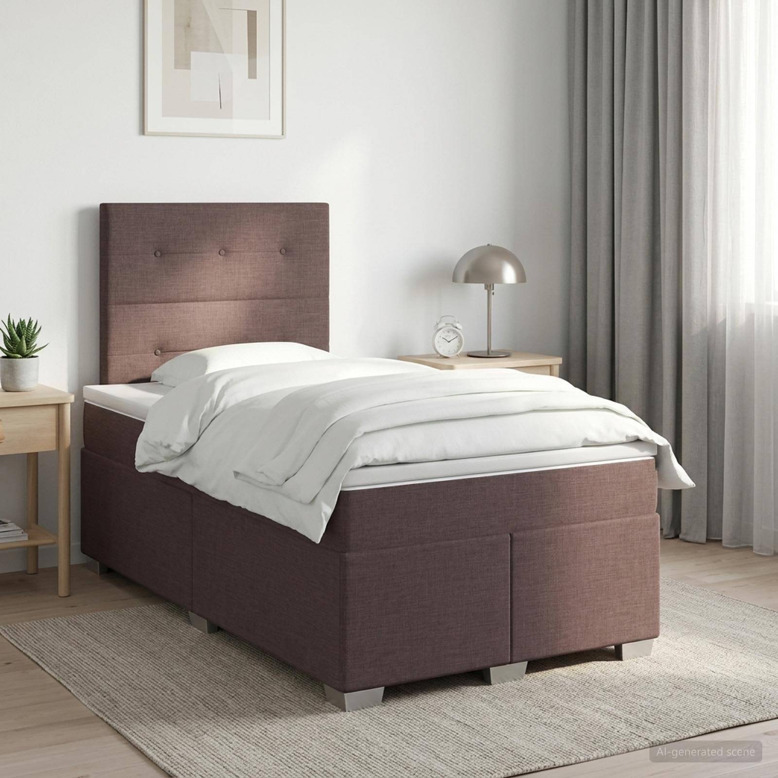 Minimales Schlafzimmer mit einem einzelnen gepolsterten Bett, weißer Bettwäsche, Nachttischen, Lampe, Uhr, Bilderrahmen, Vorhängen und hellem Teppich.